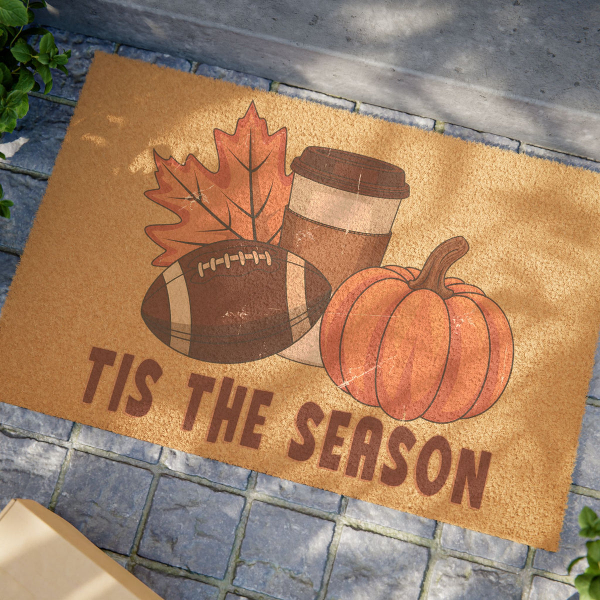 Fall Welcome Doormat - "Tis The Season" Pumpkin, Football & Coffee Entrance Mat