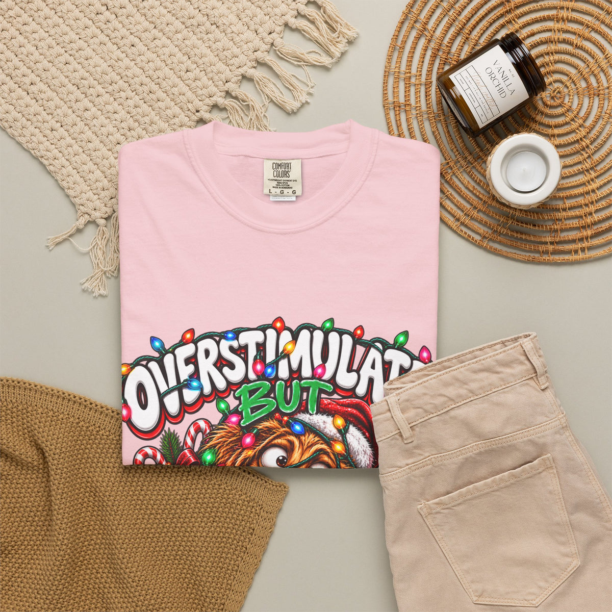 Overstimulated But Festive T-Shirt — Funny Holiday Dog Christmas Tee