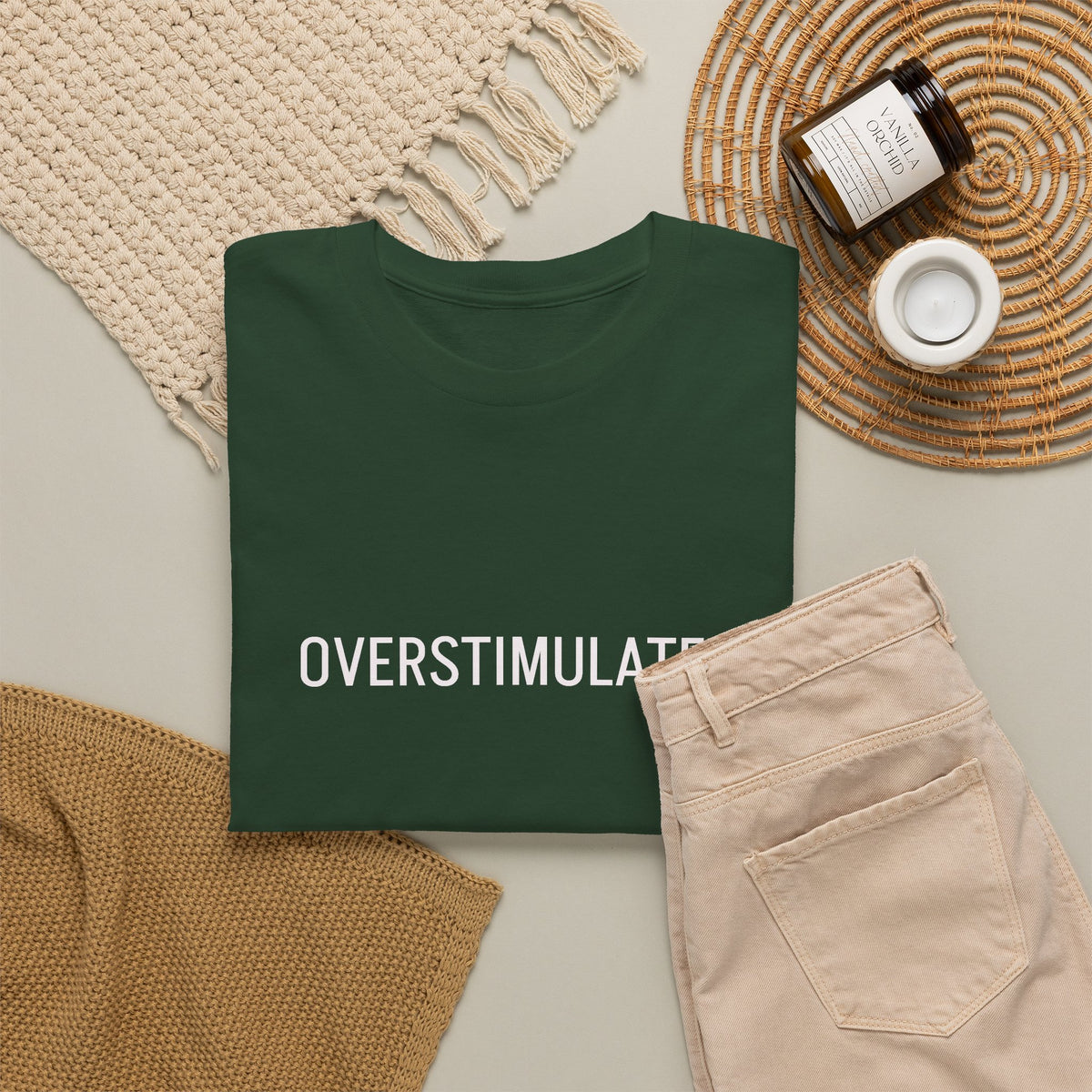 Overstimulated Graphic Tee — Minimal Text Black T-Shirt
