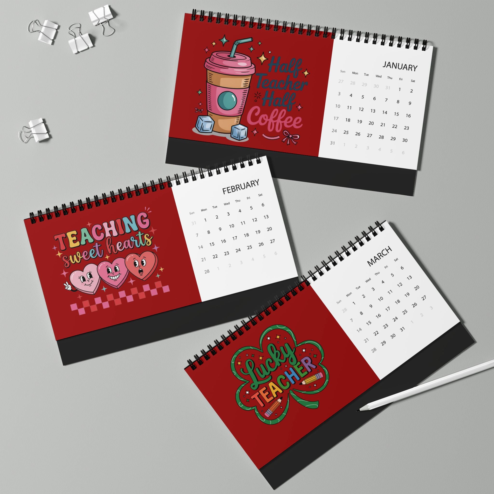 Teacher floral typography Desktop Calendar | 2026 grid
