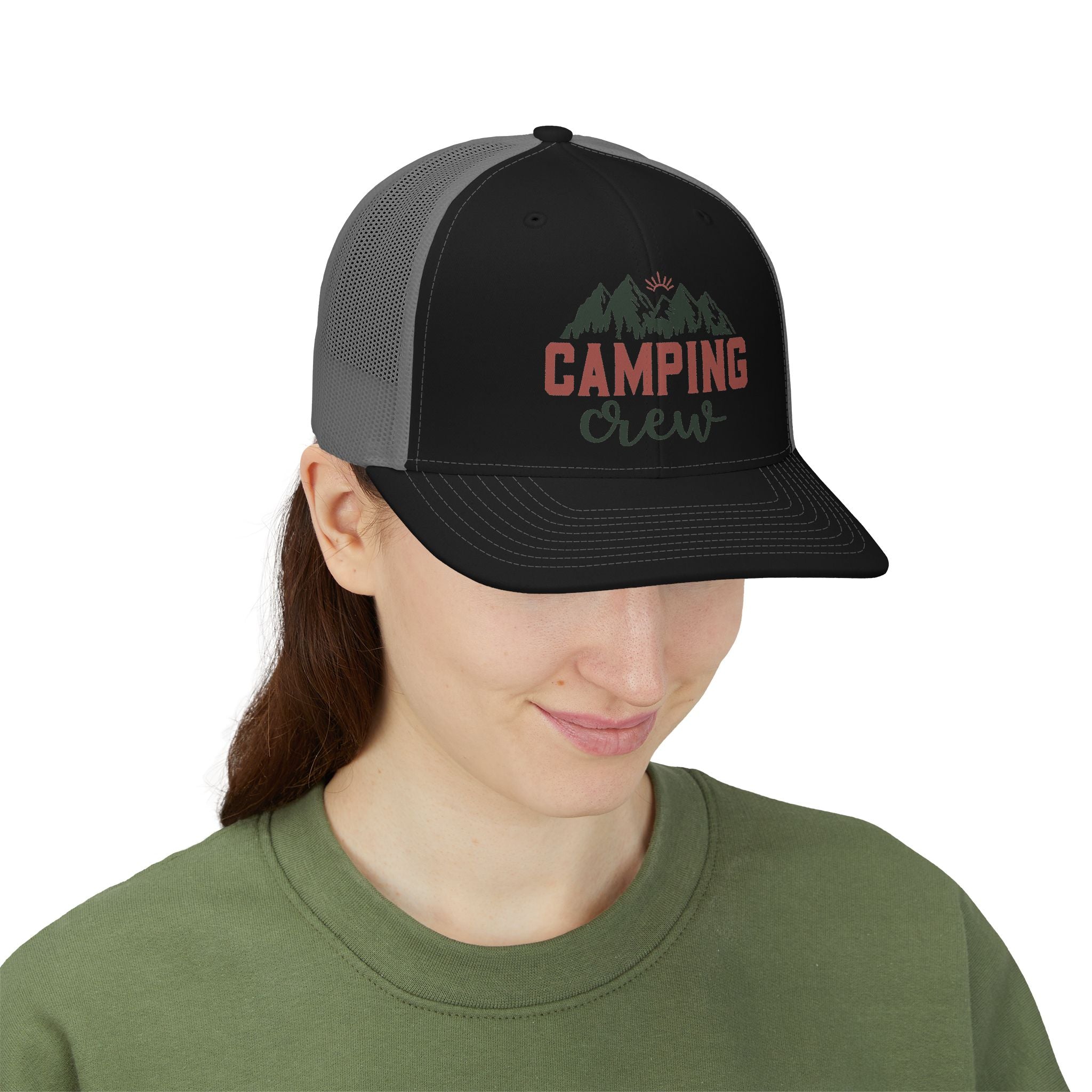 Camping Crew Snapback Trucker Cap — Mountain Graphic Hat for Outdoor Enthusiasts