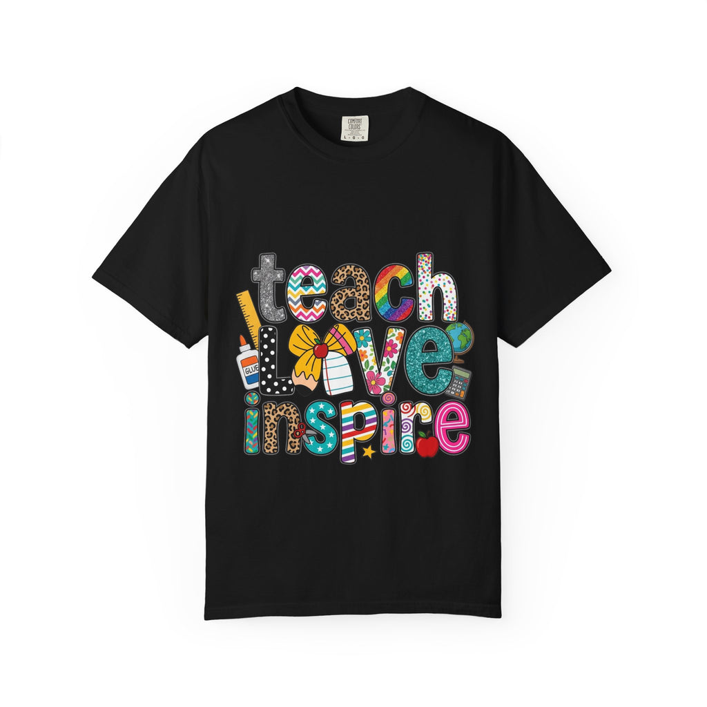 Teach Love Inspire T-shirt | Teacher Typography Graphic Tee, Colorful School Design