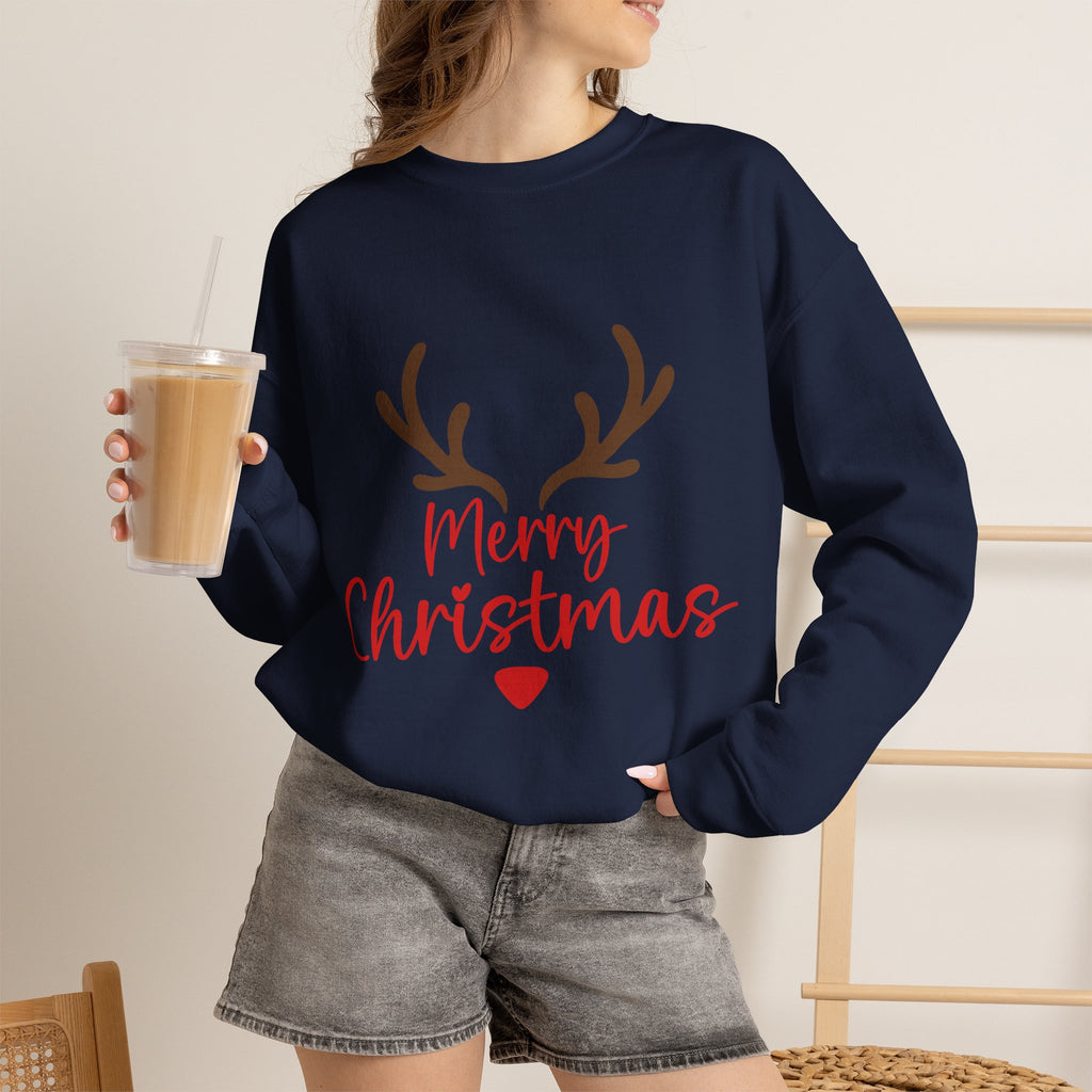 Reindeer Antlers Merry Christmas Sweatshirt | Holiday Christmas Crewneck