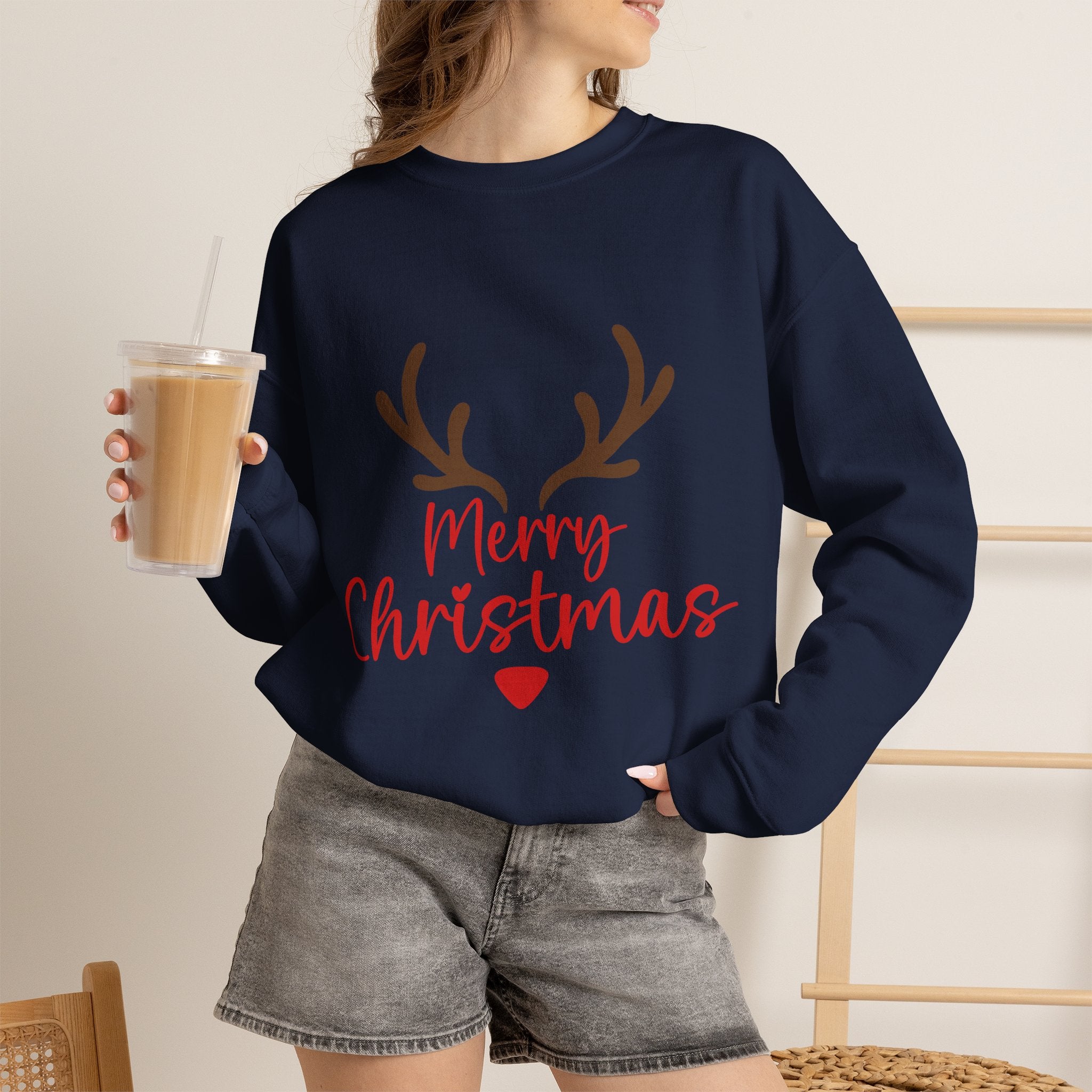Reindeer Antlers Merry Christmas Sweatshirt | Holiday Christmas Crewneck