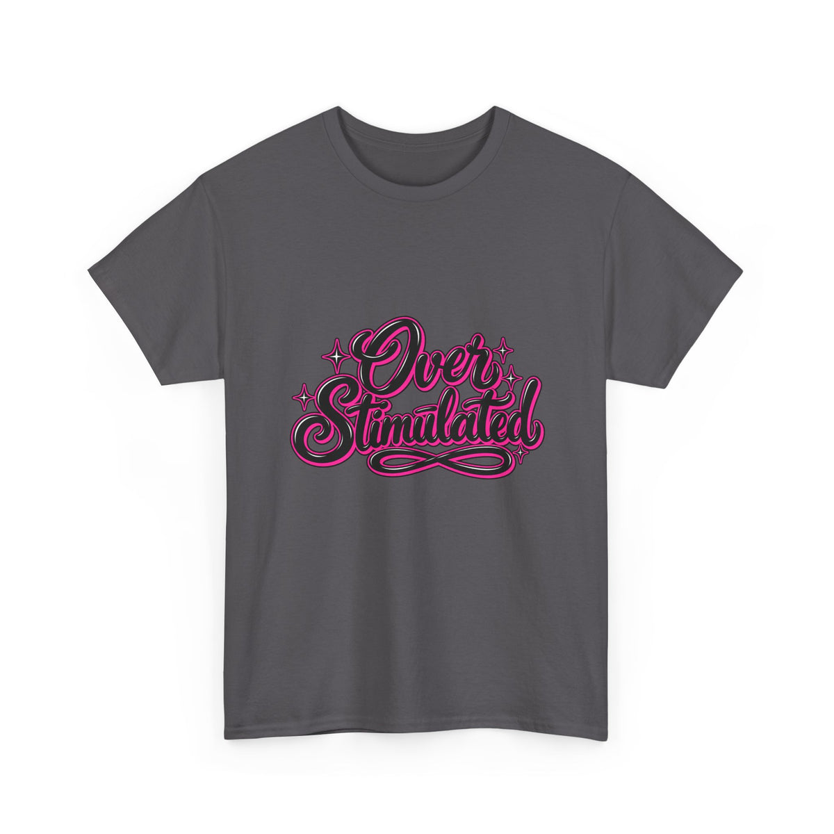 Overstimulated Graphic Tee — Retro Script Pink & Black Casual T‑Shirt