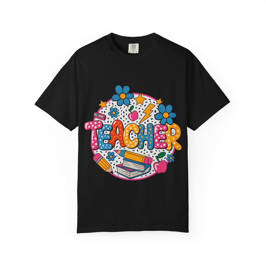 Teacher Doodle Illustration T-Shirt | School Books, Pencil, Apples