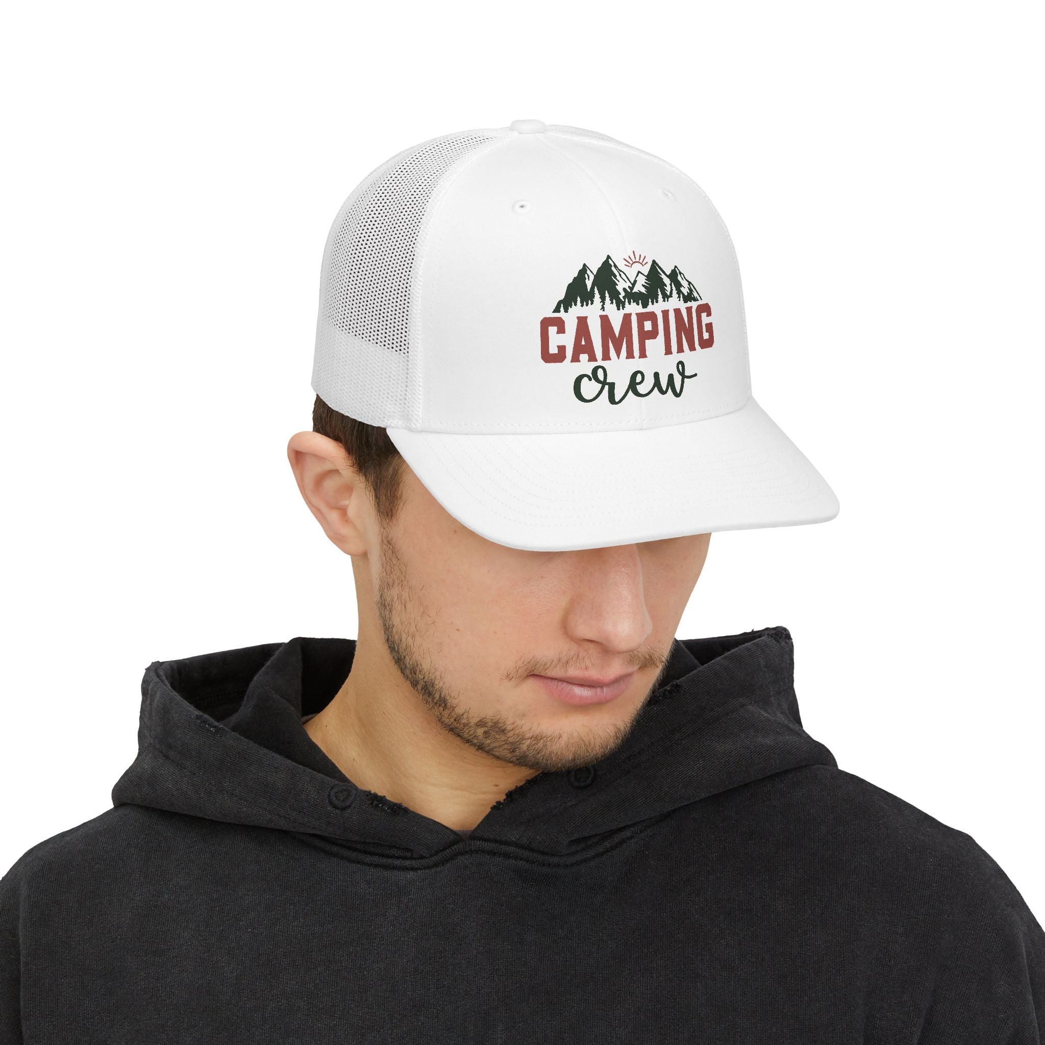 Camping Crew Snapback Trucker Cap — Mountain Graphic Hat for Outdoor Enthusiasts