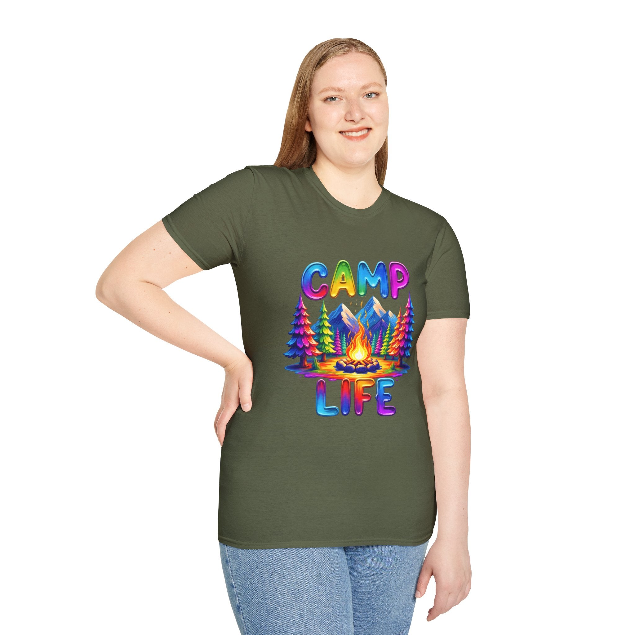 Camp Life colorful campsite T-Shirt | rainbow trees, mountains, campfire