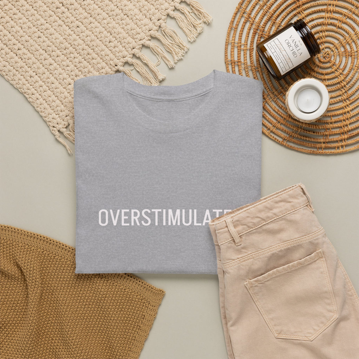 Overstimulated Graphic Tee — Minimal Text Black T-Shirt