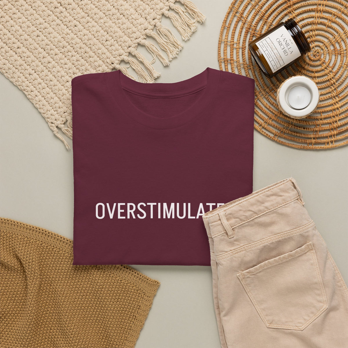 Overstimulated Graphic Tee — Minimal Text Black T-Shirt