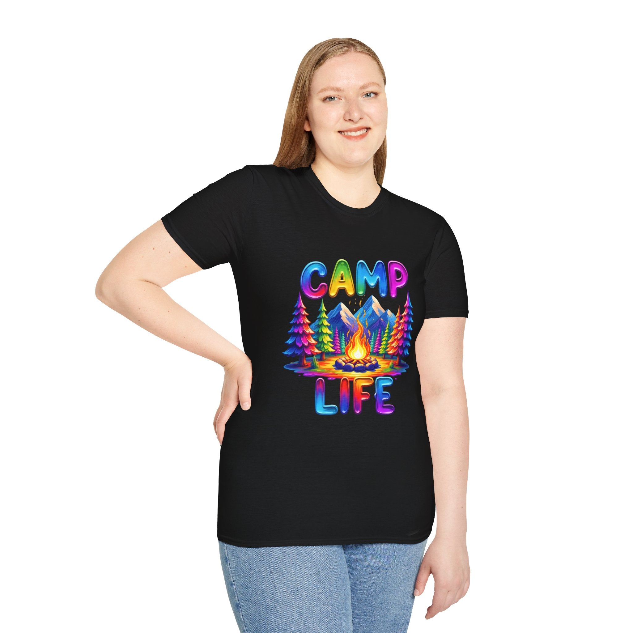 Camp Life colorful campsite T-Shirt | rainbow trees, mountains, campfire