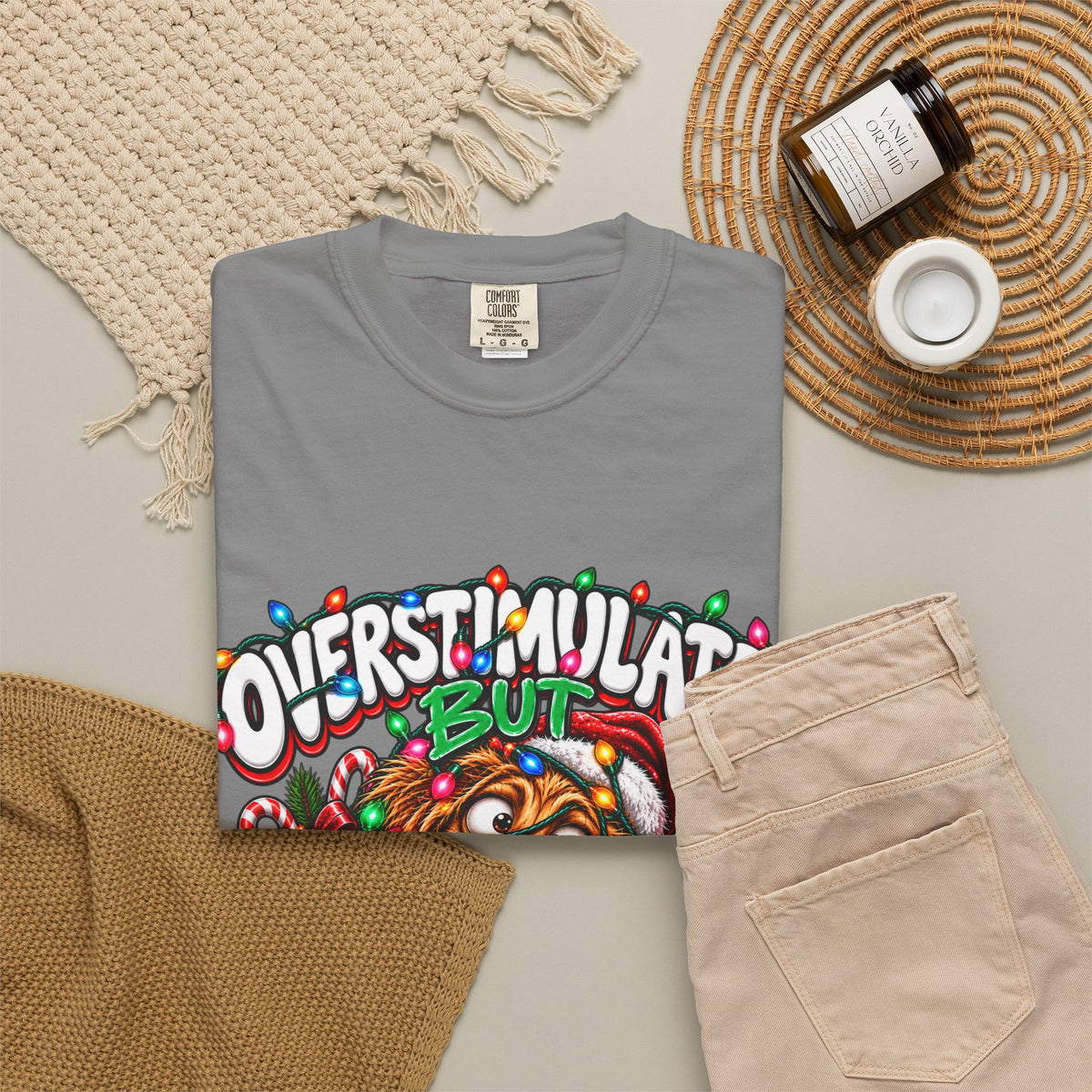 Overstimulated But Festive T-Shirt — Funny Holiday Dog Christmas Tee