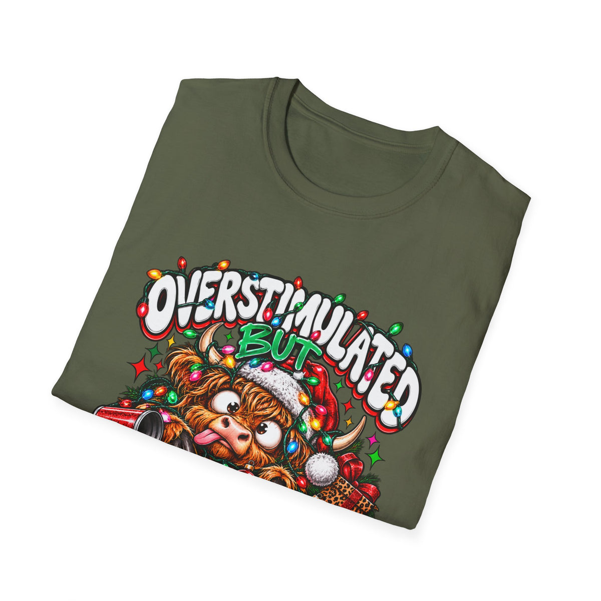 T-Shirt — "Overstimulated But Festive" Christmas Cat Holiday Tee