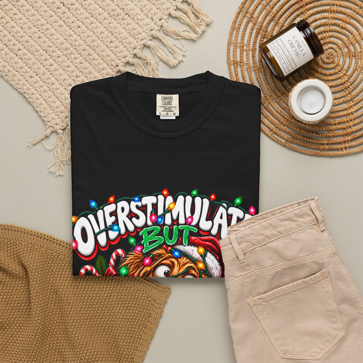 Overstimulated But Festive T-Shirt — Funny Holiday Dog Christmas Tee