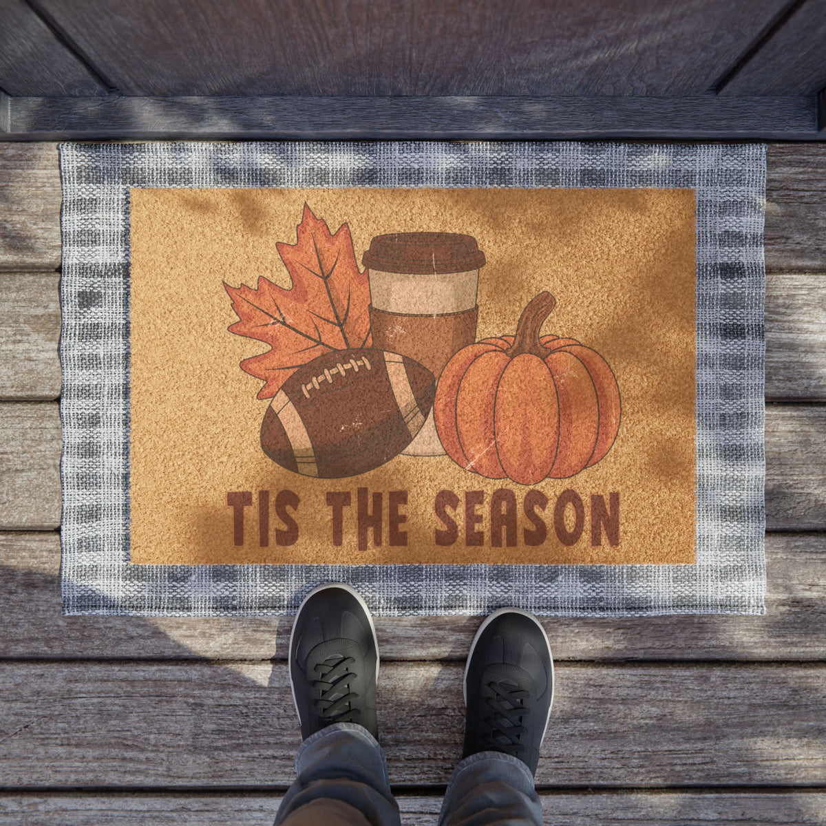 Fall Welcome Doormat - "Tis The Season" Pumpkin, Football & Coffee Entrance Mat