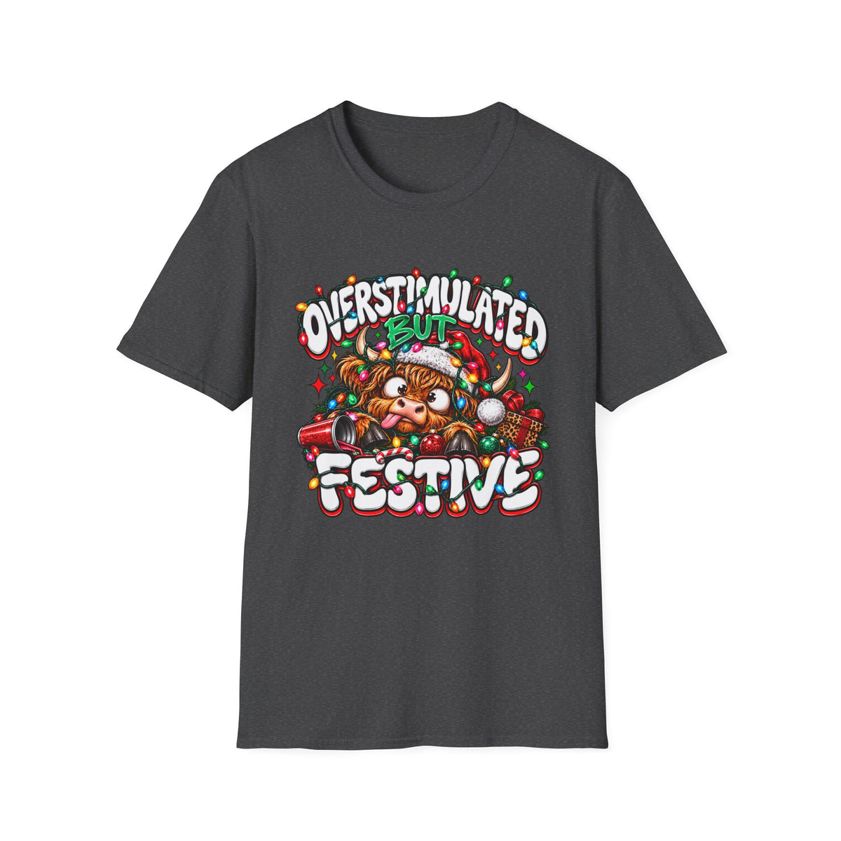 T-Shirt — "Overstimulated But Festive" Christmas Cat Holiday Tee