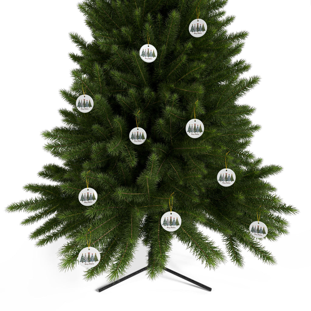 Merry Christmas Watercolor Pine Trees Ceramic Ornament