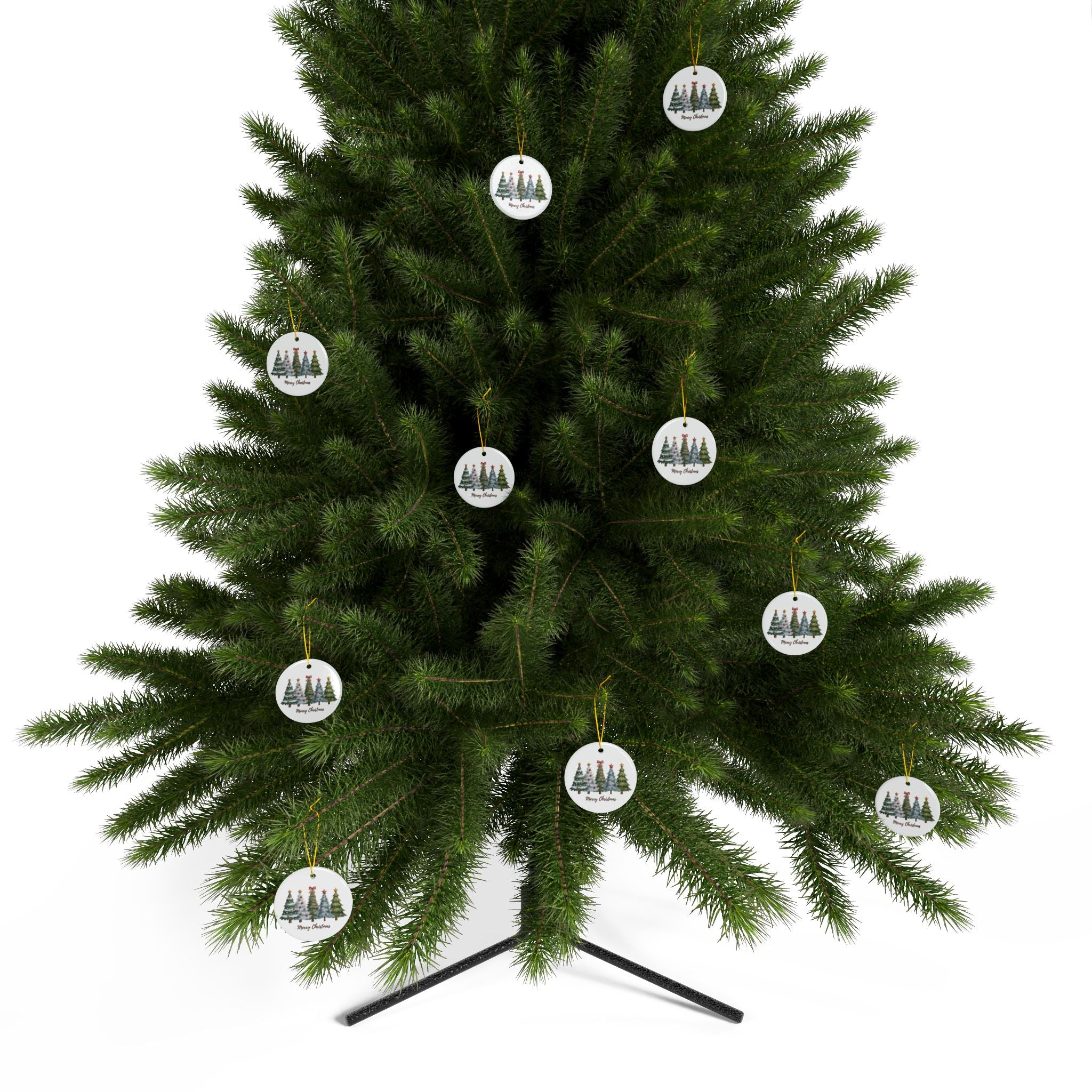 Merry Christmas Watercolor Pine Trees Ceramic Ornament