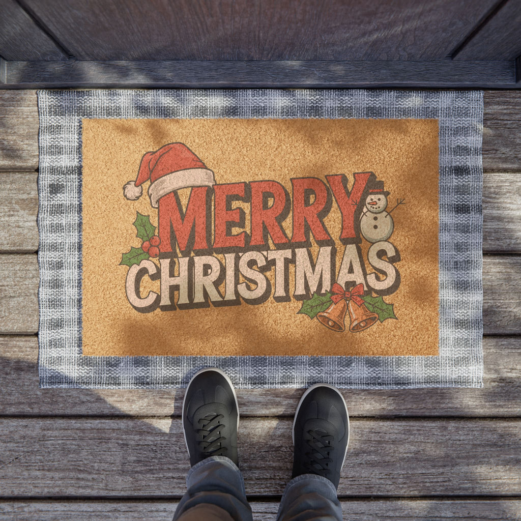 Merry Christmas Doormat | Holiday Santa Hat Snowman Coir Welcome Mat