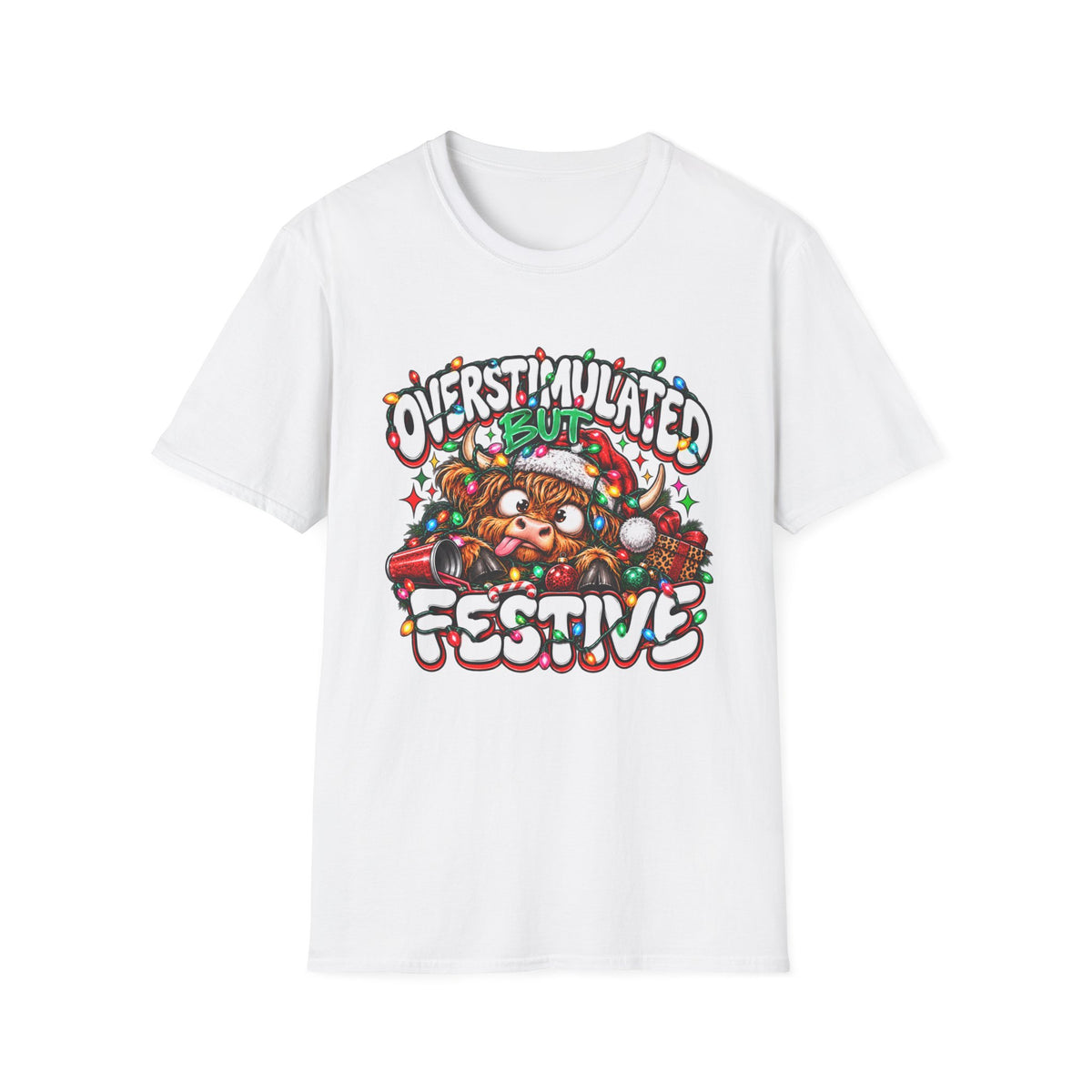T-Shirt — "Overstimulated But Festive" Christmas Cat Holiday Tee