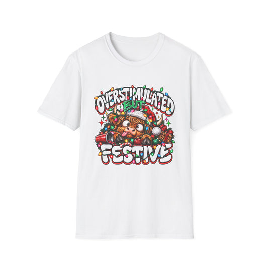 T-Shirt — "Overstimulated But Festive" Christmas Cat Holiday Tee
