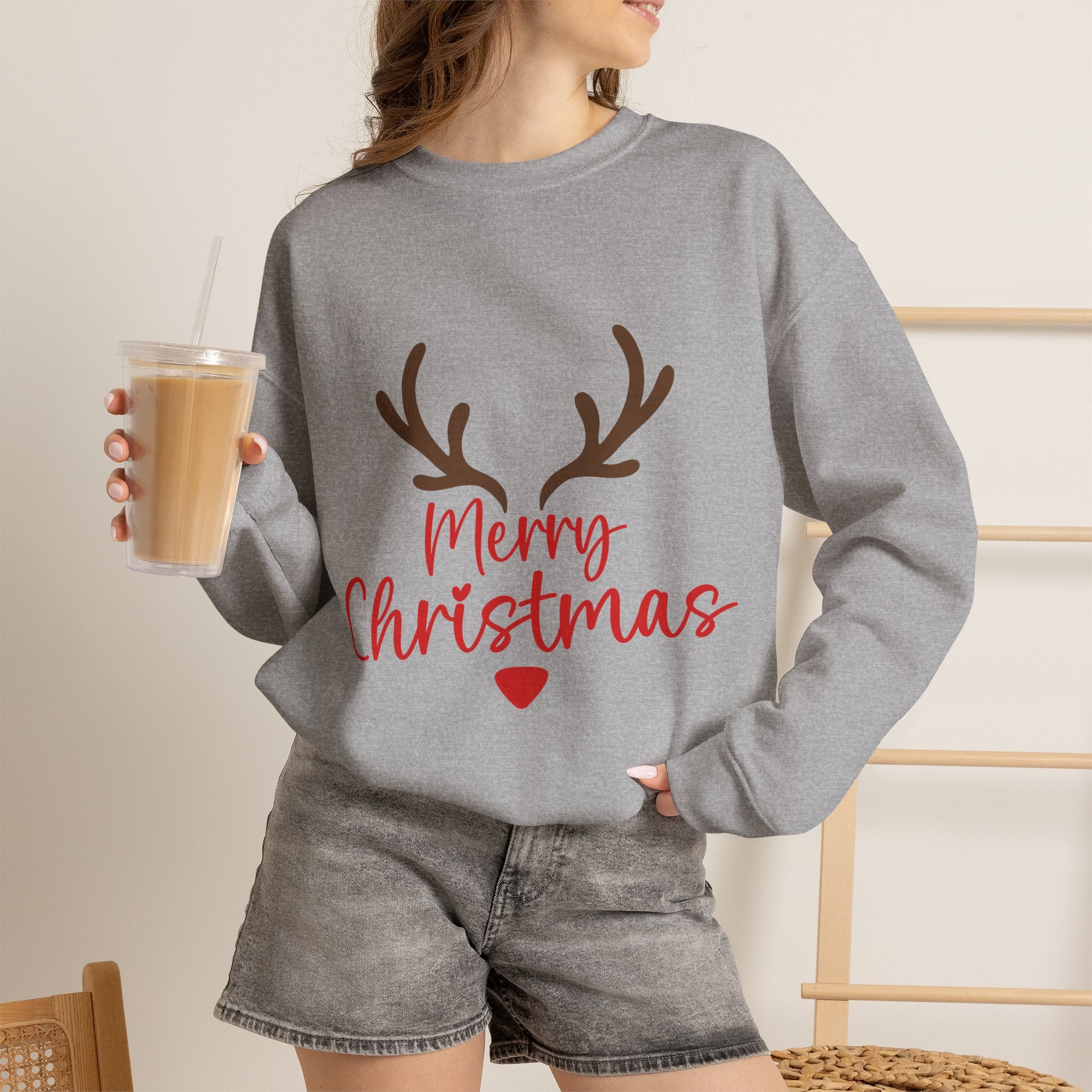 Reindeer Antlers Merry Christmas Sweatshirt | Holiday Christmas Crewneck