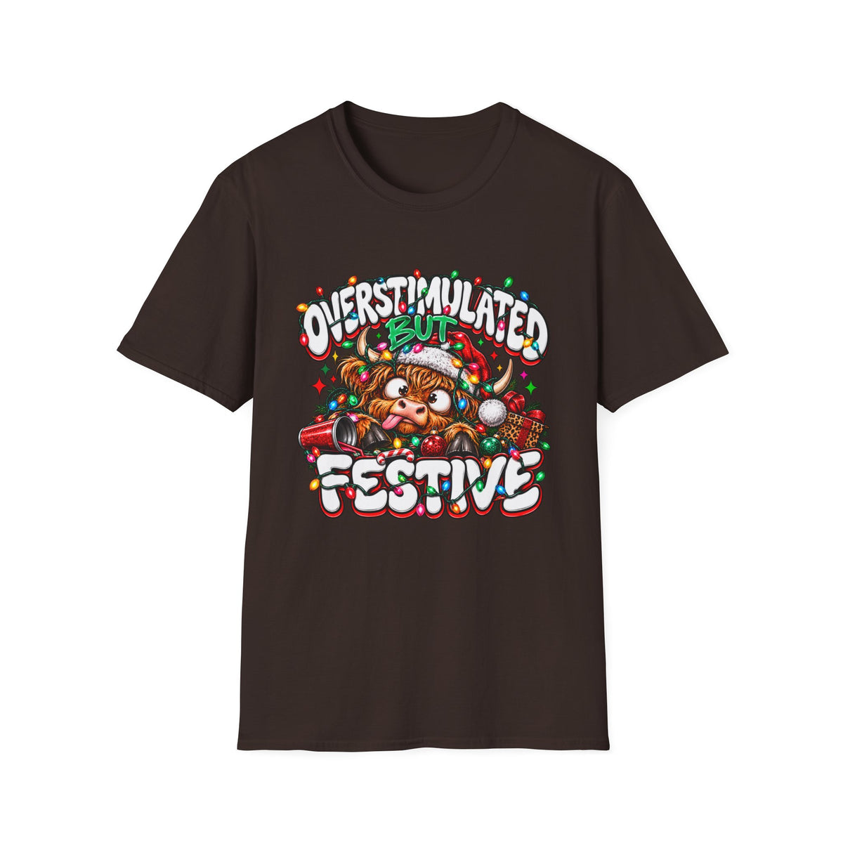 T-Shirt — "Overstimulated But Festive" Christmas Cat Holiday Tee