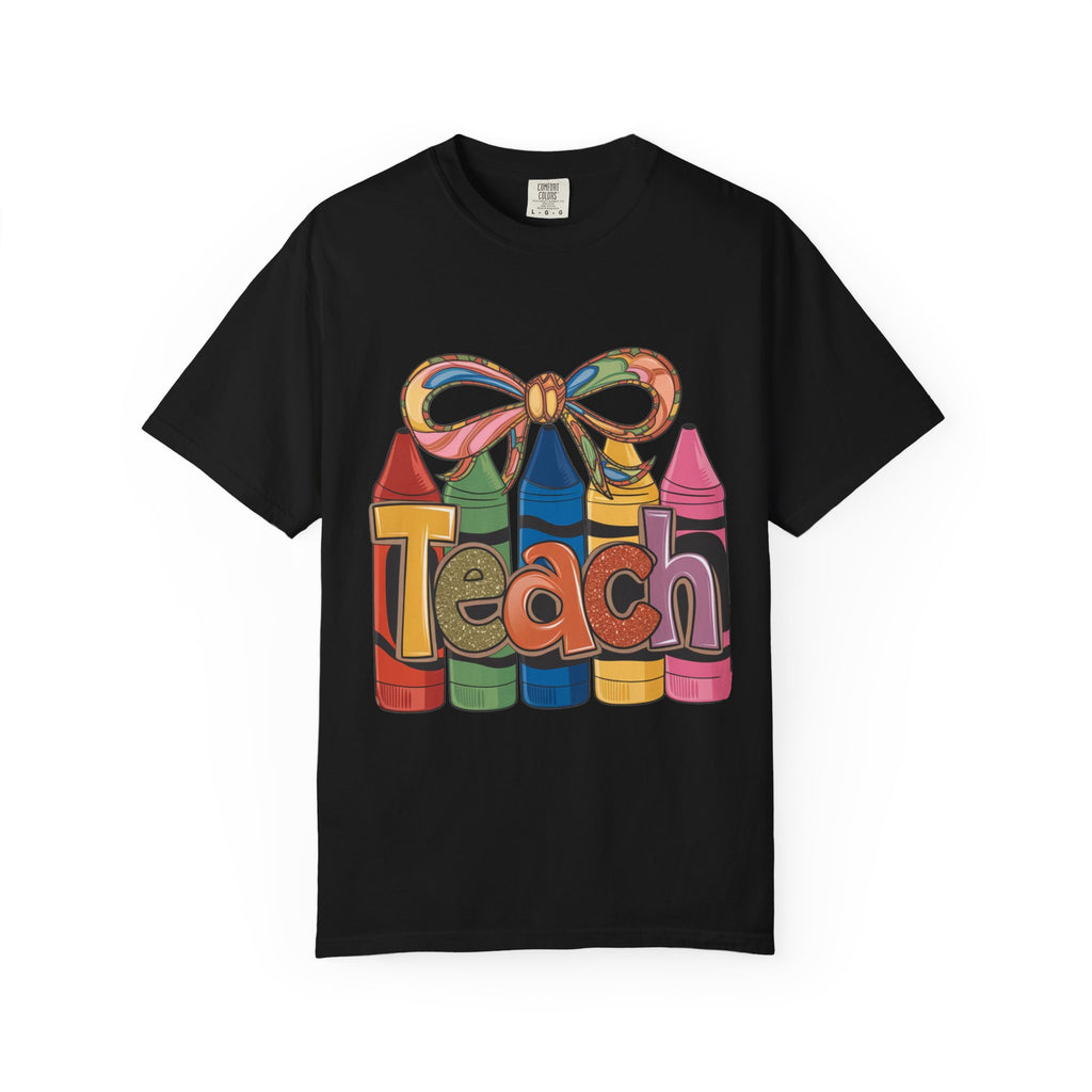 Crayon Bow Teach T-shirt | Colorful Teacher Classroom Art Tee