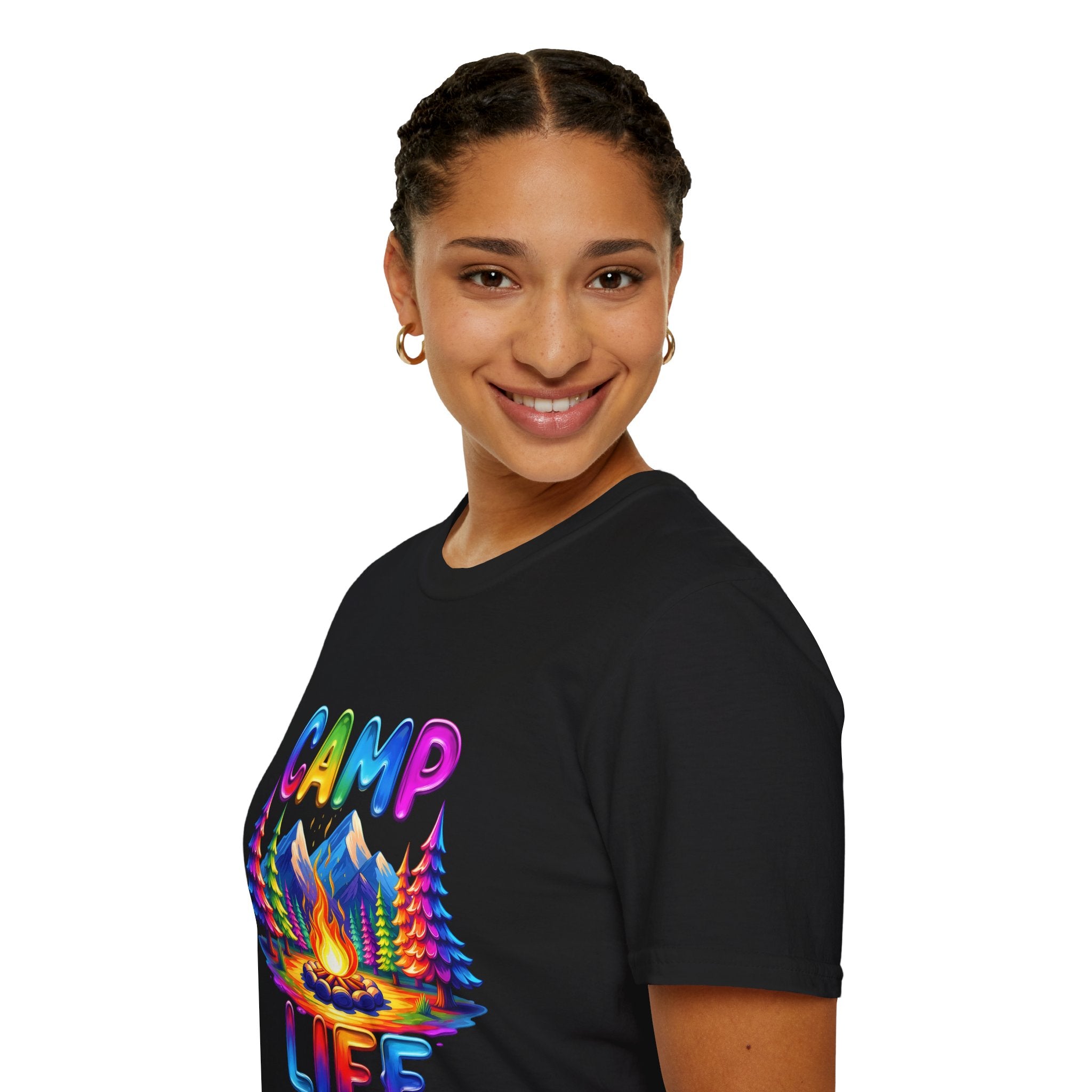 Camp Life colorful campsite T-Shirt | rainbow trees, mountains, campfire