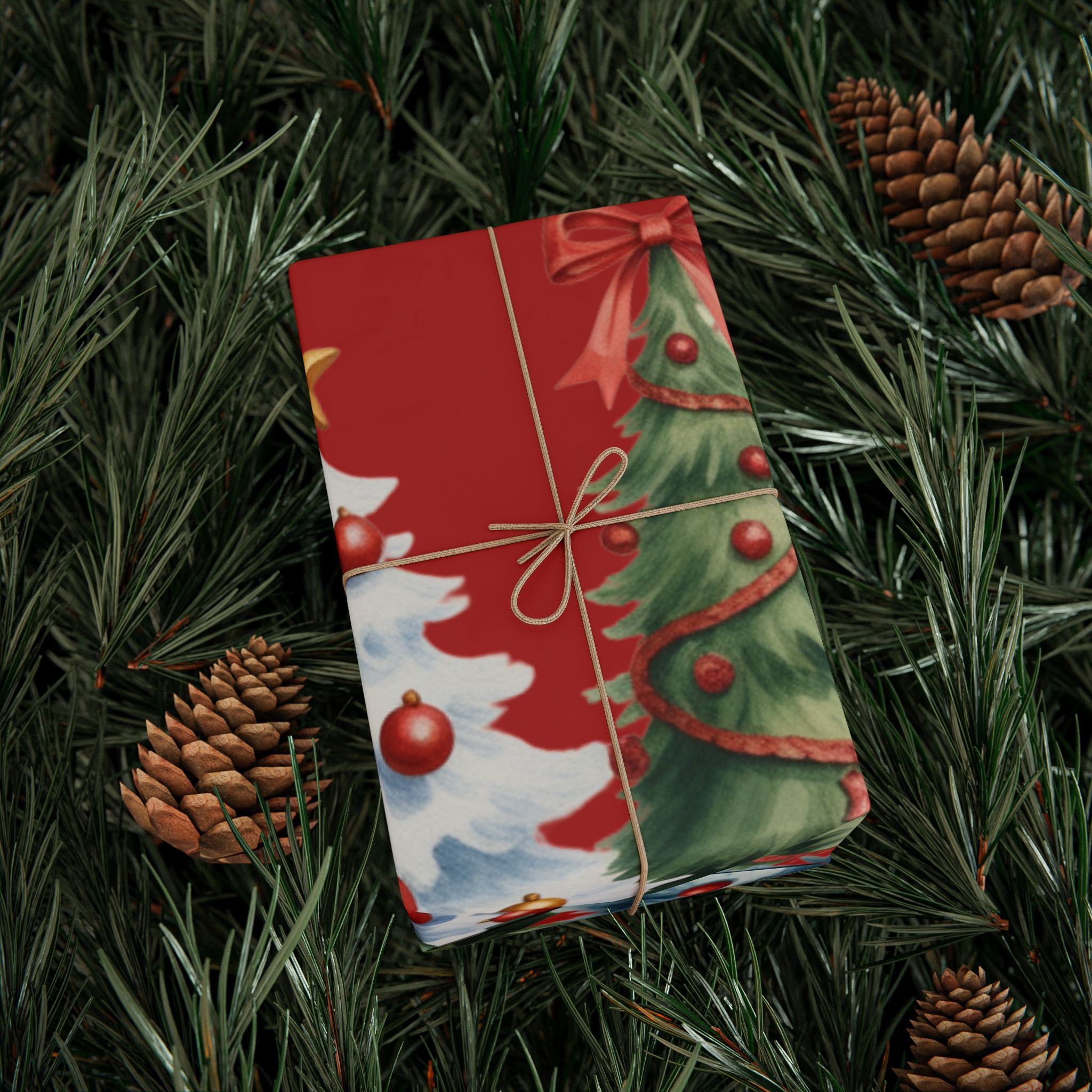 Christmas Trees Wrapping Paper | Merry Christmas Red Holiday Wrap