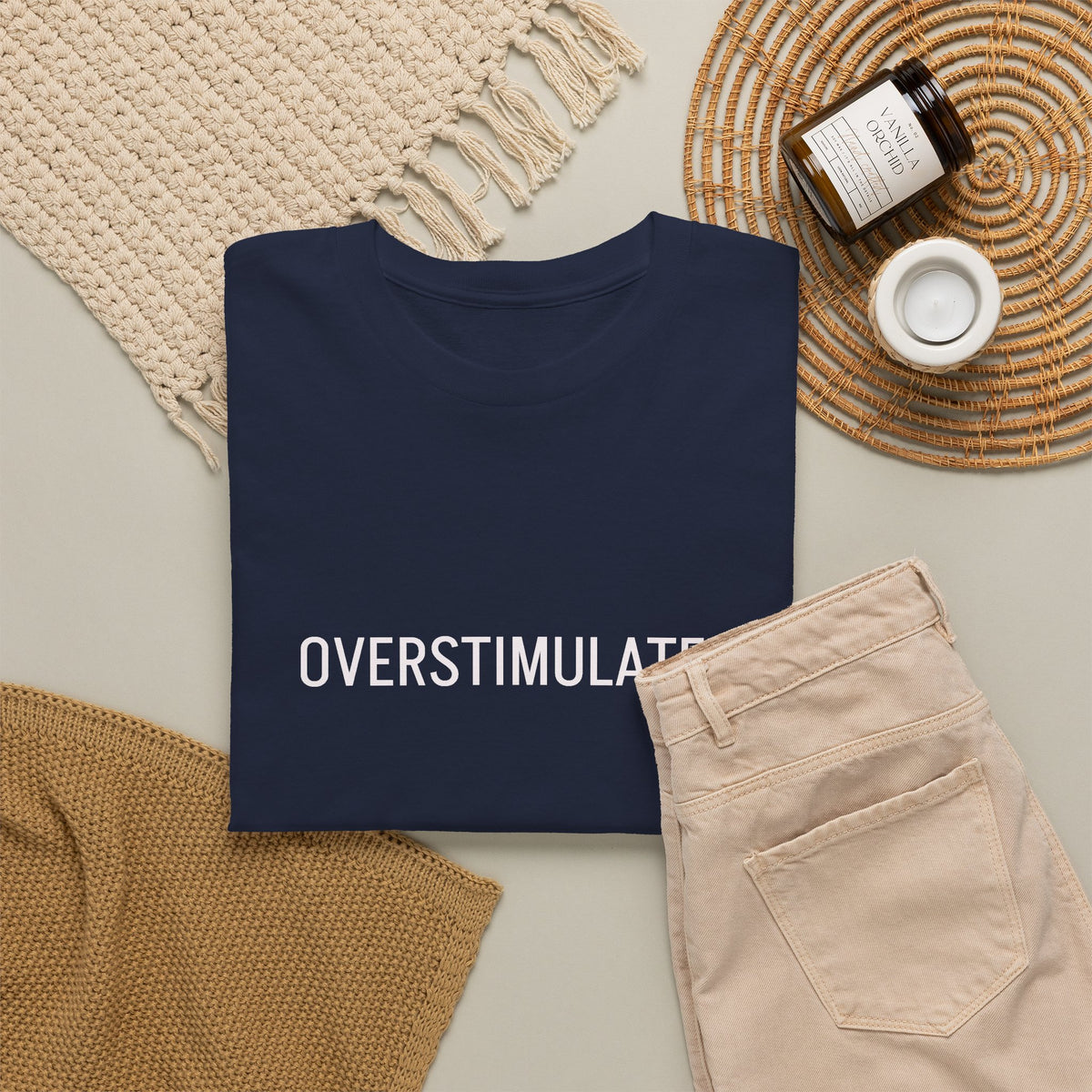 Overstimulated Graphic Tee — Minimal Text Black T-Shirt