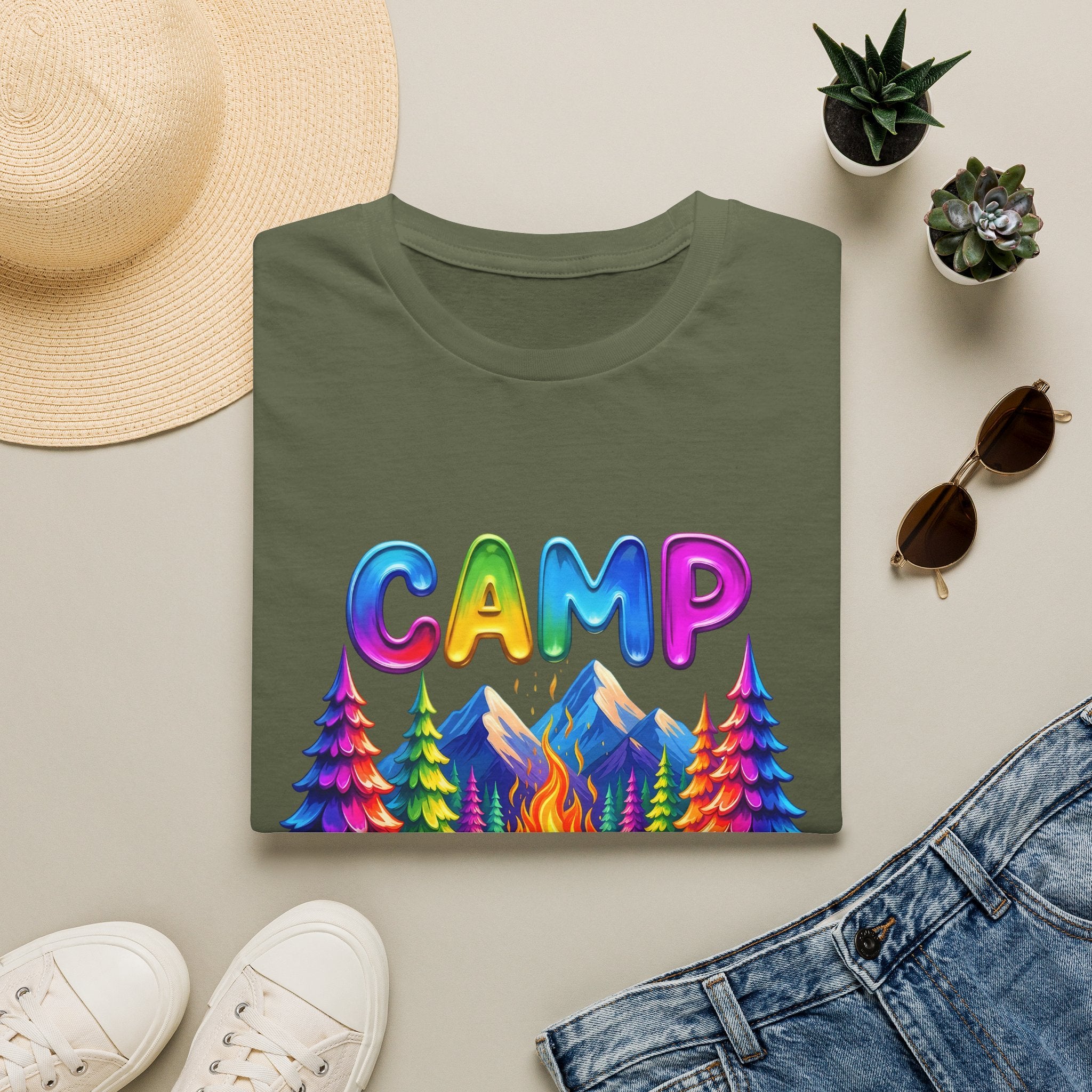 Camp Life colorful campsite T-Shirt | rainbow trees, mountains, campfire