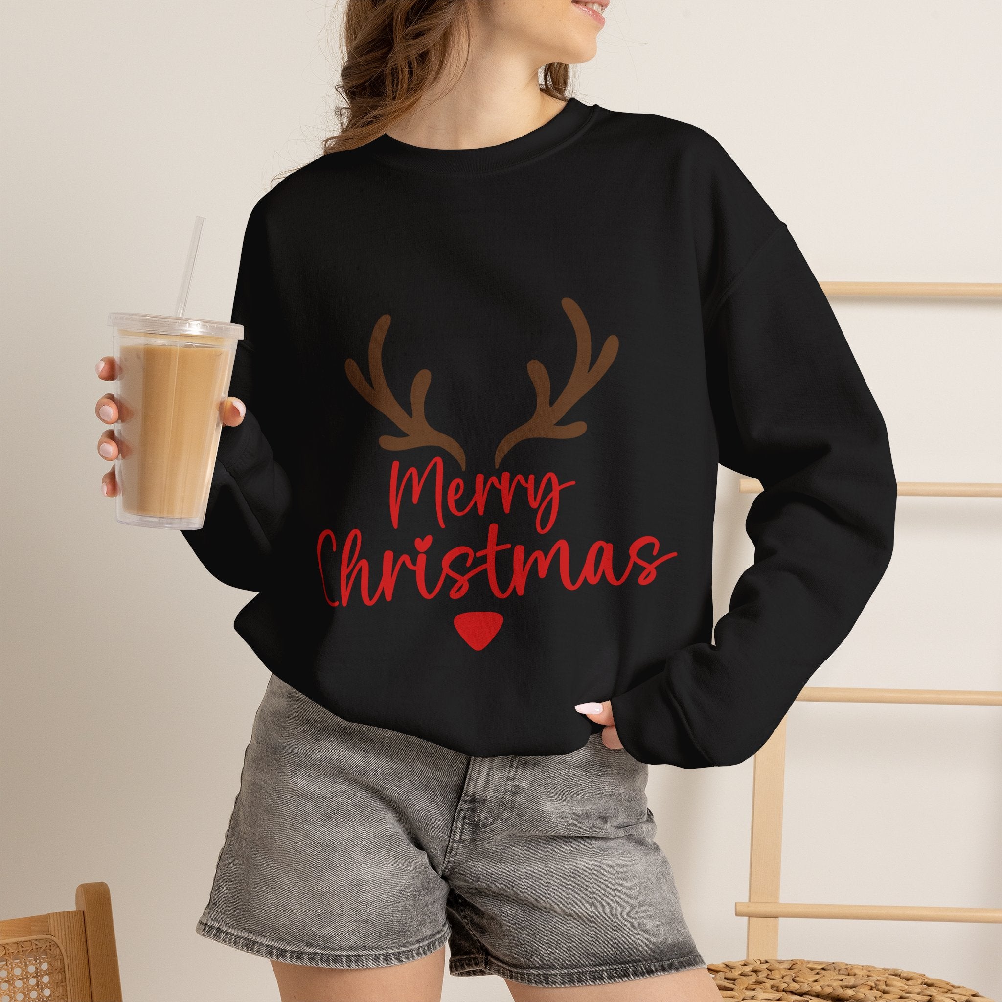 Reindeer Antlers Merry Christmas Sweatshirt | Holiday Christmas Crewneck