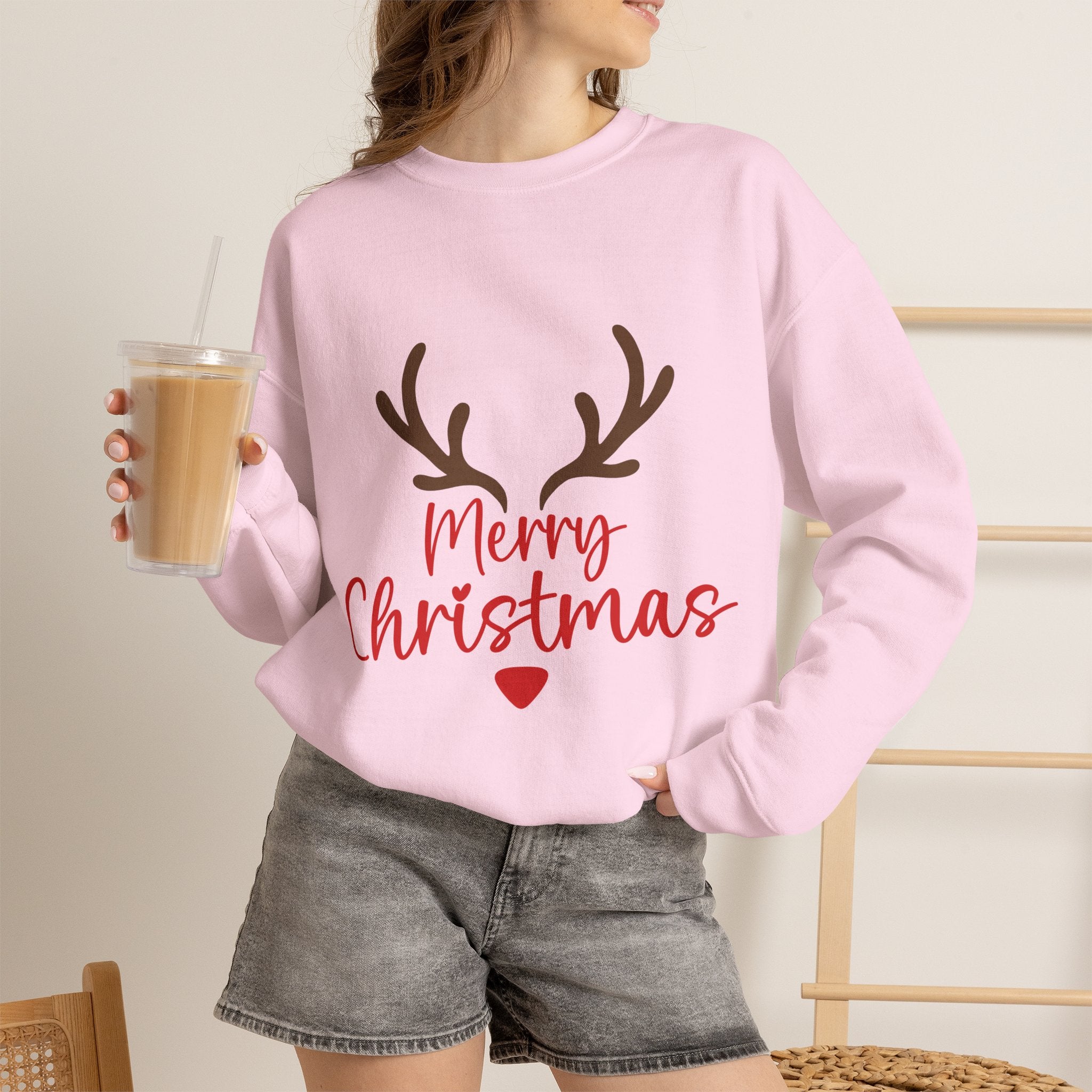 Reindeer Antlers Merry Christmas Sweatshirt | Holiday Christmas Crewneck