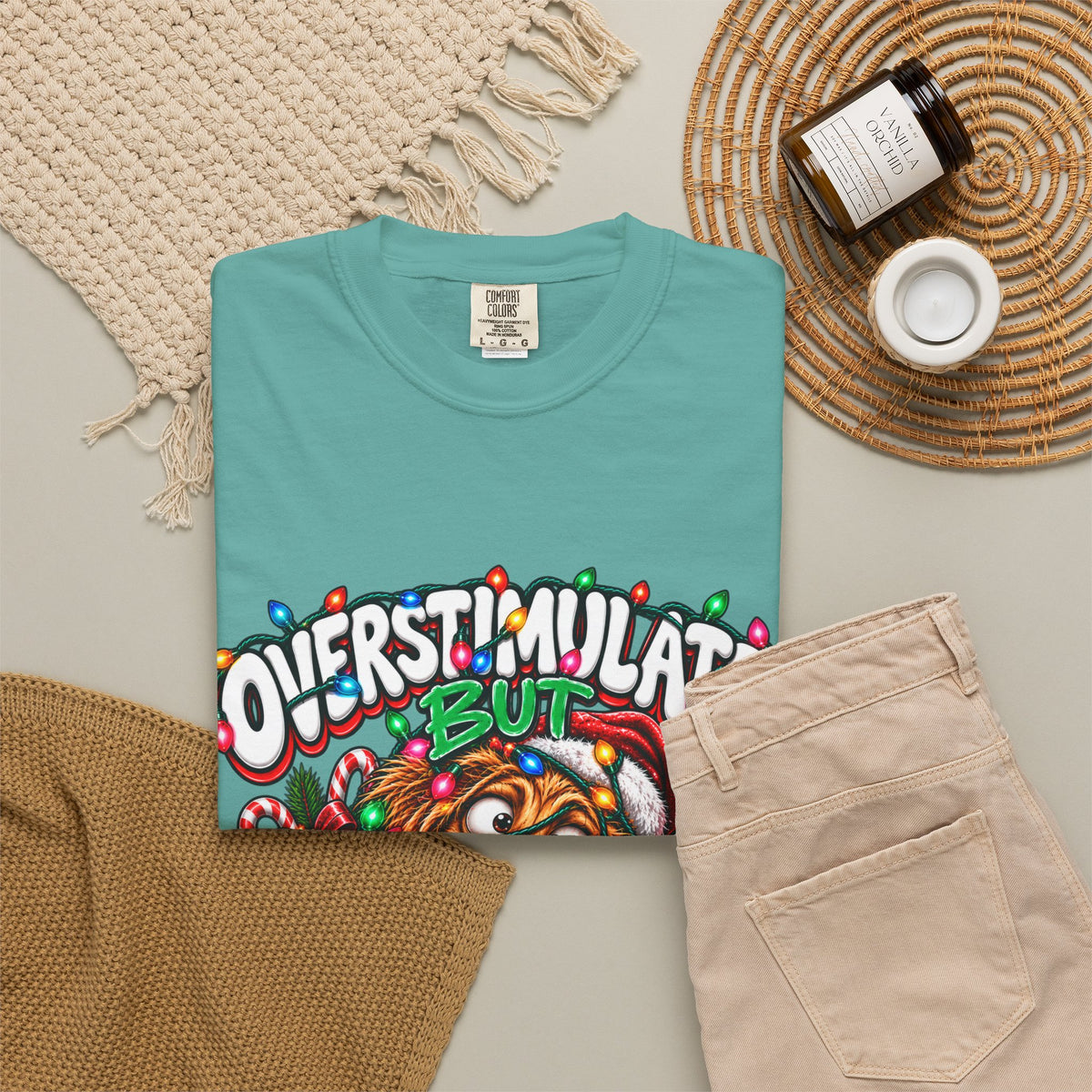 Overstimulated But Festive T-Shirt — Funny Holiday Dog Christmas Tee