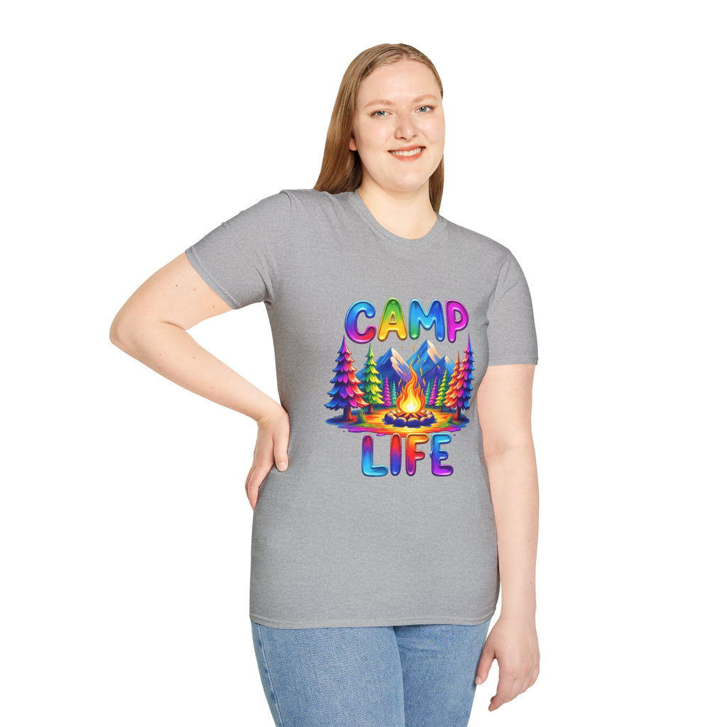 Camp Life colorful campsite T-Shirt | rainbow trees, mountains, campfire