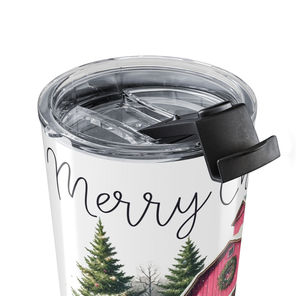 Farmhouse Christmas Barn Tumbler 20oz | Pink Barn, Tractor, Winter Farm Scene