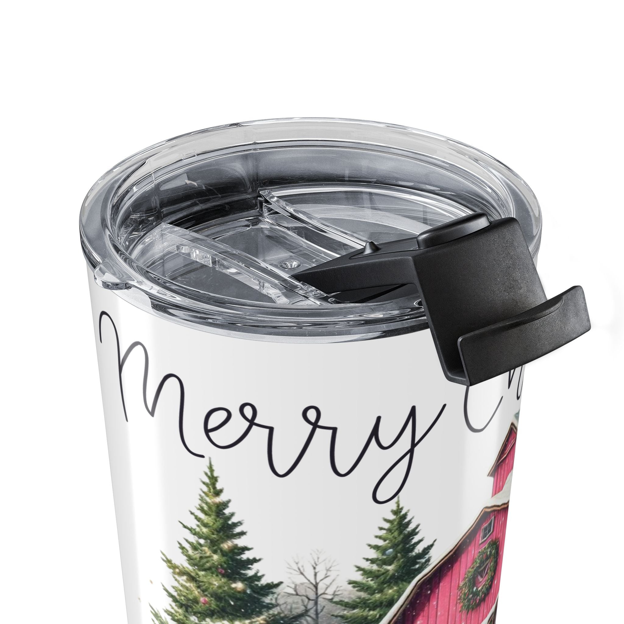 Farmhouse Christmas Barn Tumbler 20oz | Pink Barn, Tractor, Winter Farm Scene