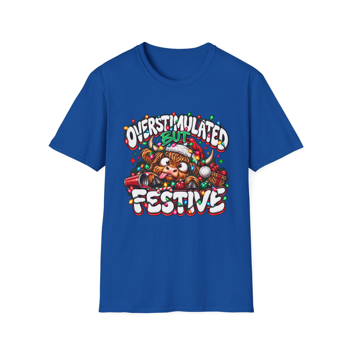 T-Shirt — "Overstimulated But Festive" Christmas Cat Holiday Tee