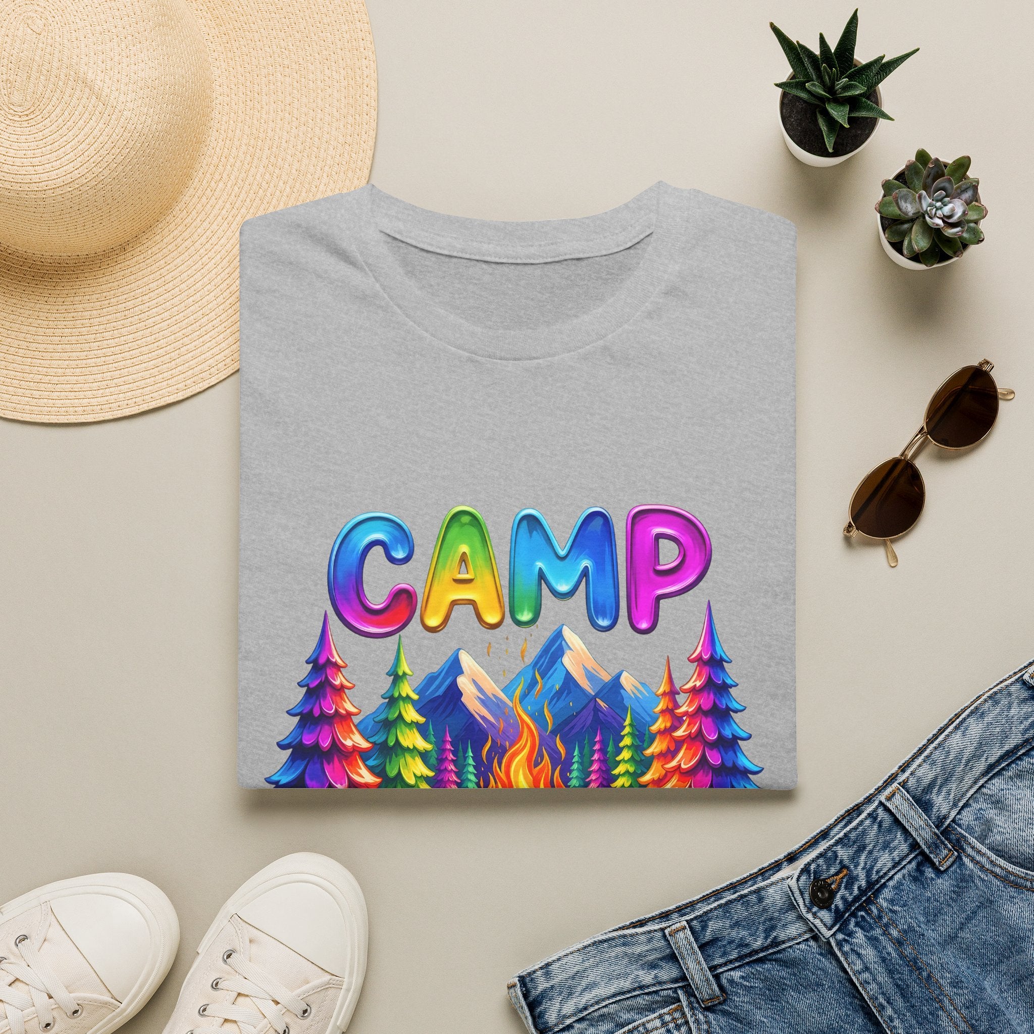 Camp Life colorful campsite T-Shirt | rainbow trees, mountains, campfire
