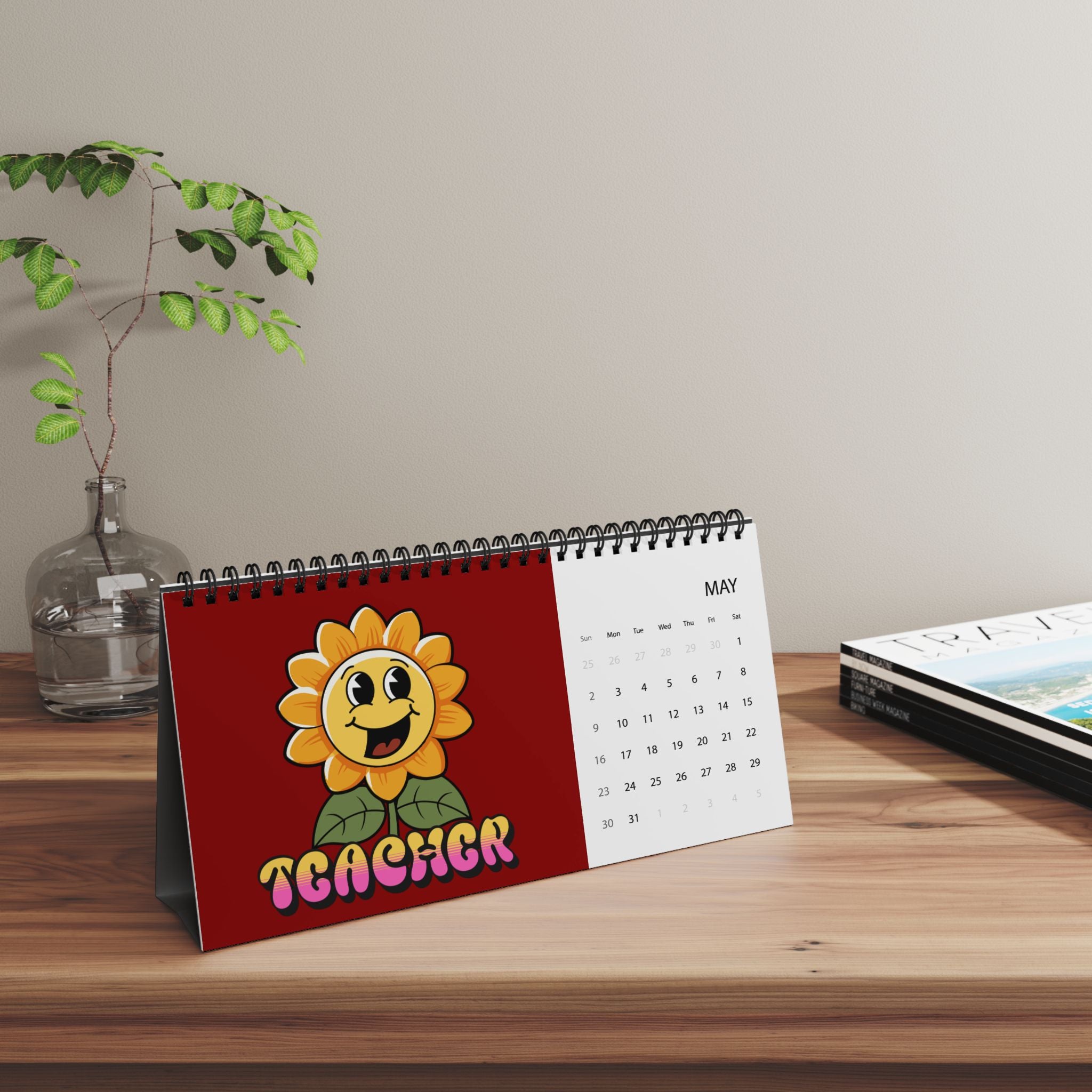 Teacher floral typography Desktop Calendar | 2026 grid
