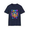 Camp Life colorful campsite T-Shirt | rainbow trees, mountains, campfire