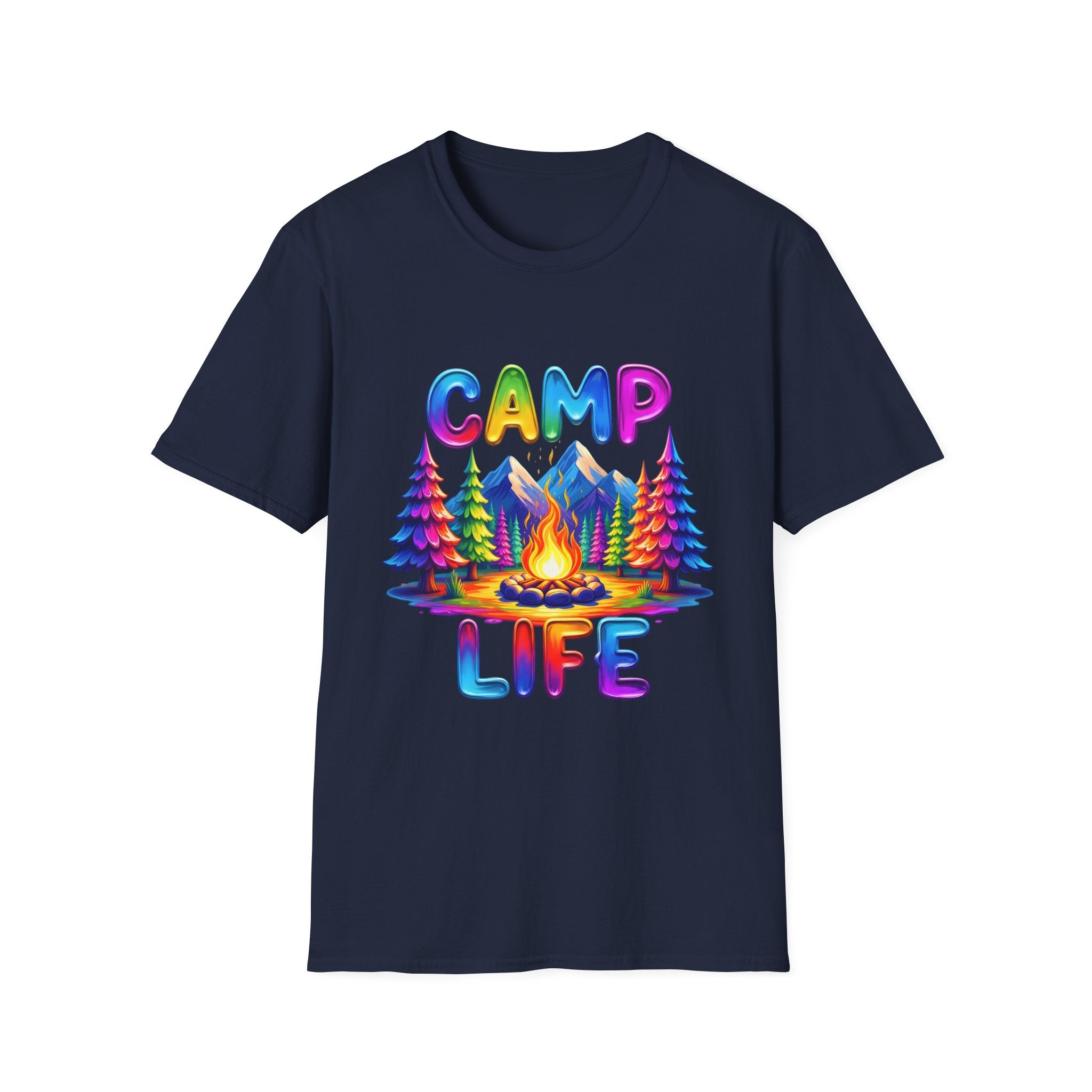 Camp Life colorful campsite T-Shirt | rainbow trees, mountains, campfire