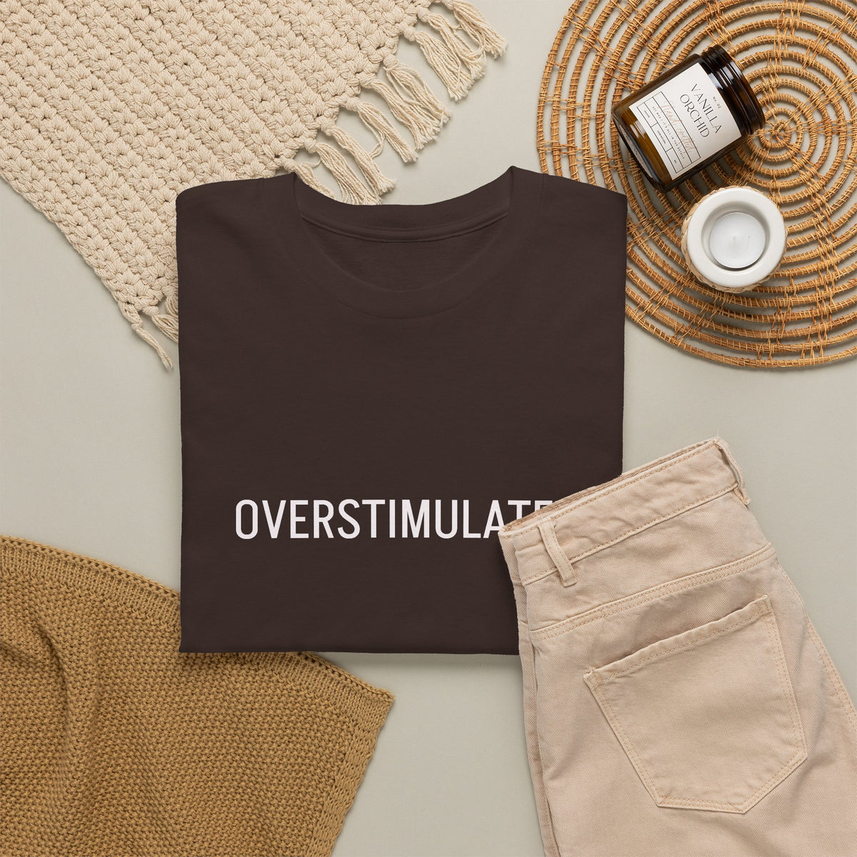 Overstimulated Graphic Tee — Minimal Text Black T-Shirt