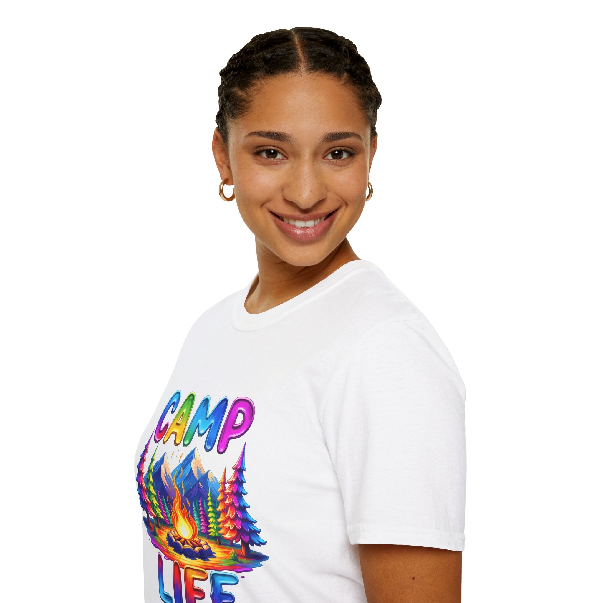 Camp Life colorful campsite T-Shirt | rainbow trees, mountains, campfire