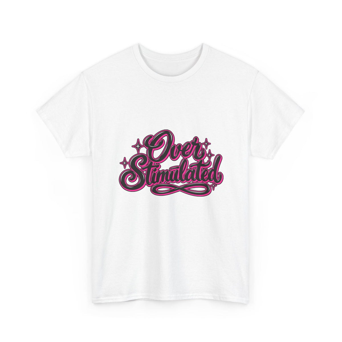 Overstimulated Graphic Tee — Retro Script Pink & Black Casual T‑Shirt