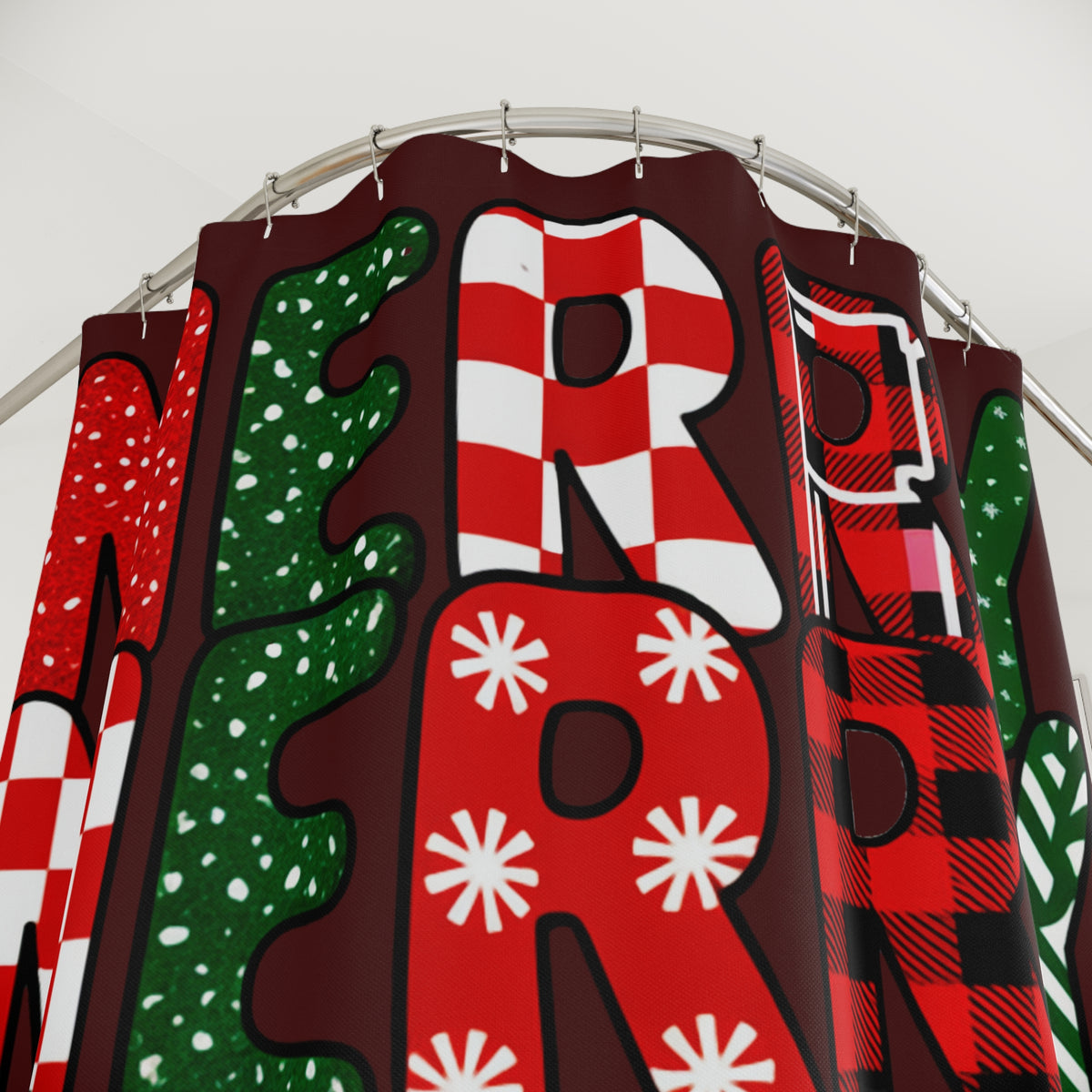 Christmas Merry Shower Curtain — Festive Red & Green Holiday Bathroom Décor