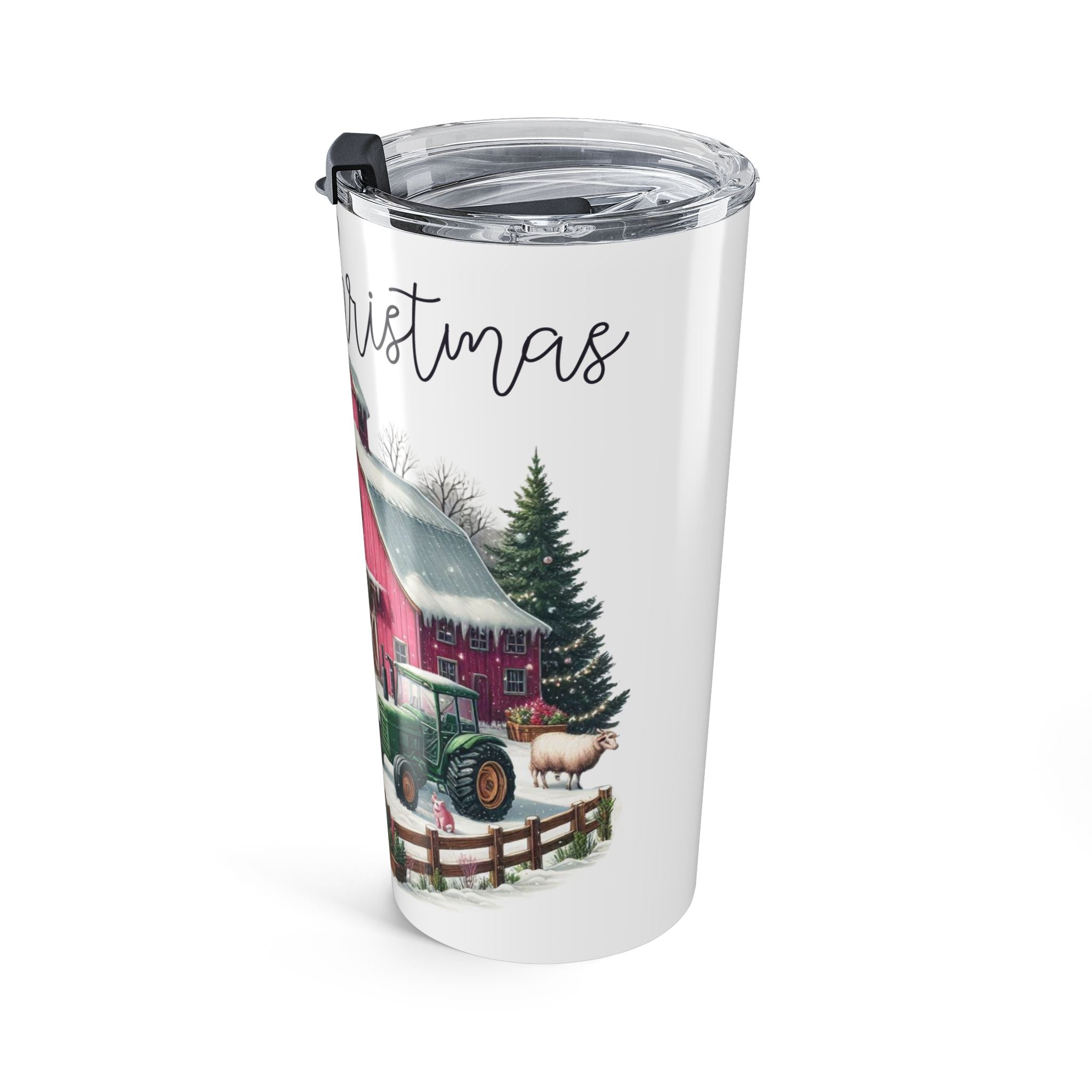 Farmhouse Christmas Barn Tumbler 20oz | Pink Barn, Tractor, Winter Farm Scene