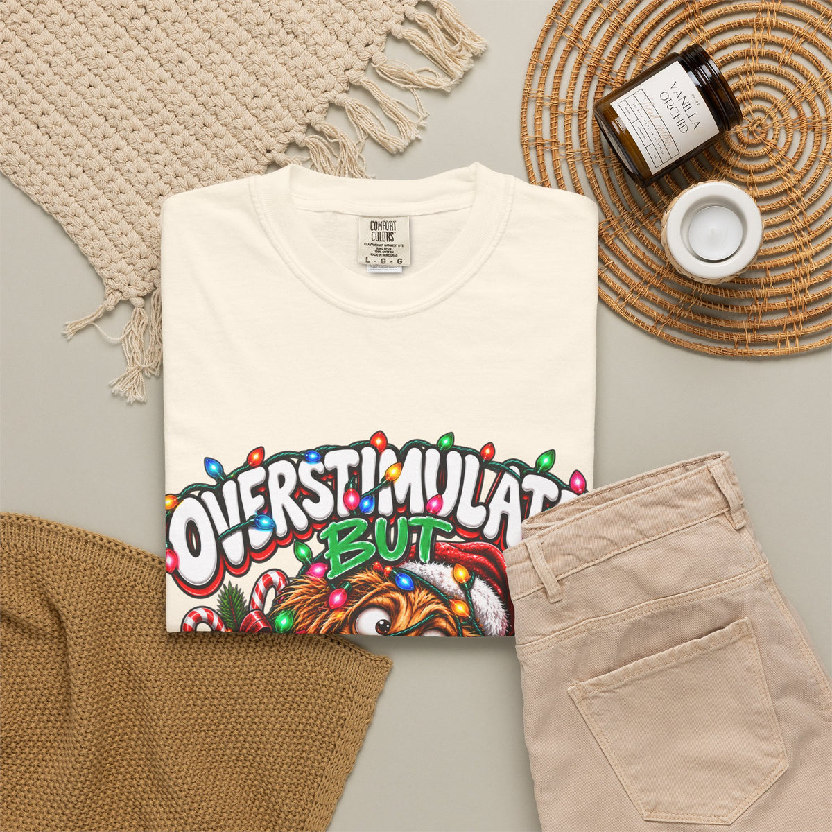 Overstimulated But Festive T-Shirt — Funny Holiday Dog Christmas Tee