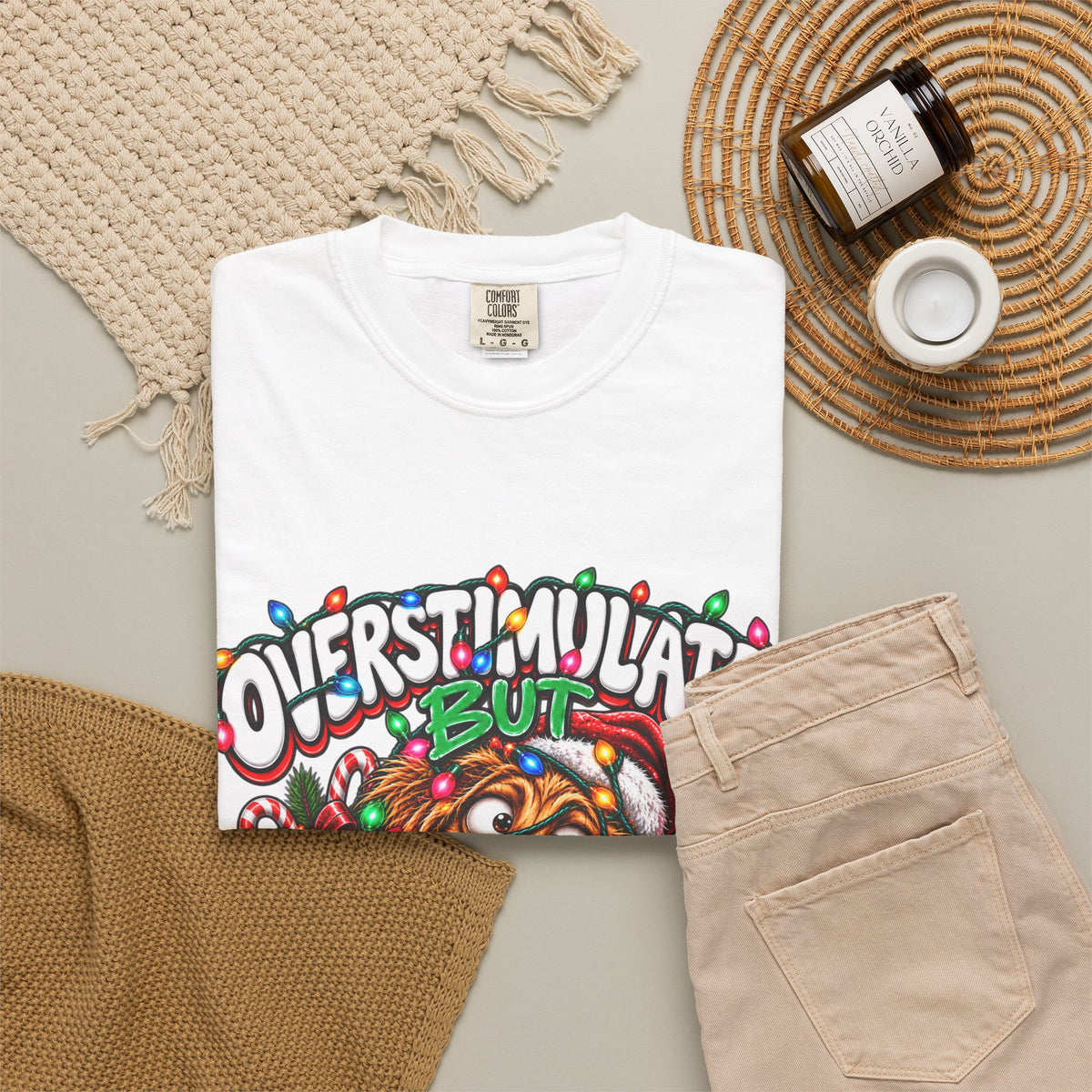 Overstimulated But Festive T-Shirt — Funny Holiday Dog Christmas Tee